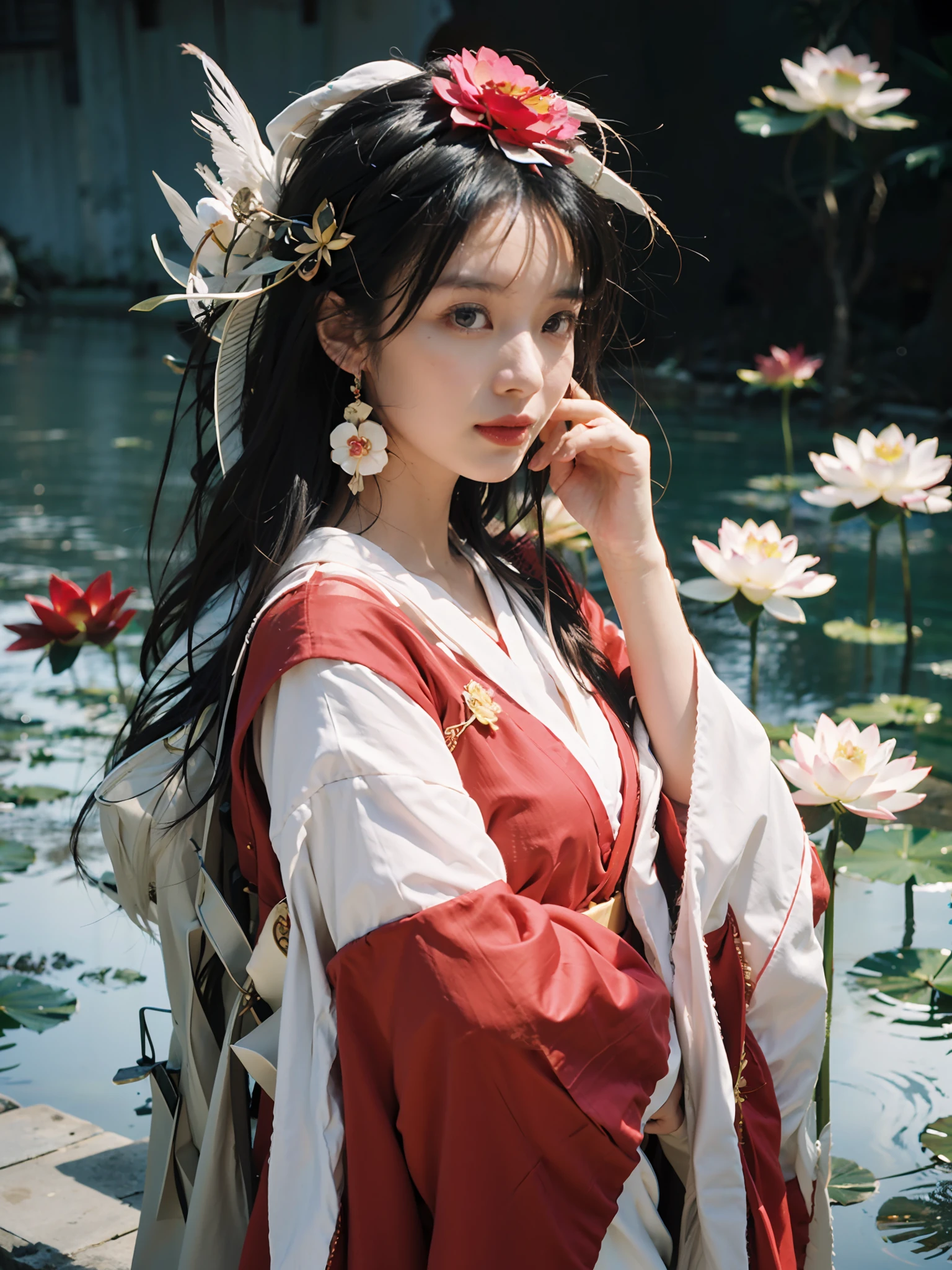 zanhua, Best quality, masterpiece, 1 girl, holding flower, red flower on head, wearing hanfu, in red and white, looking at viewer, bird, flower, black hair, ((lotus)), solo, hair ornament, water, reflection, daylight, cinematic light,
 riverside,  bridg, hanami,  
(ambient light:0.8),(HDR:1),