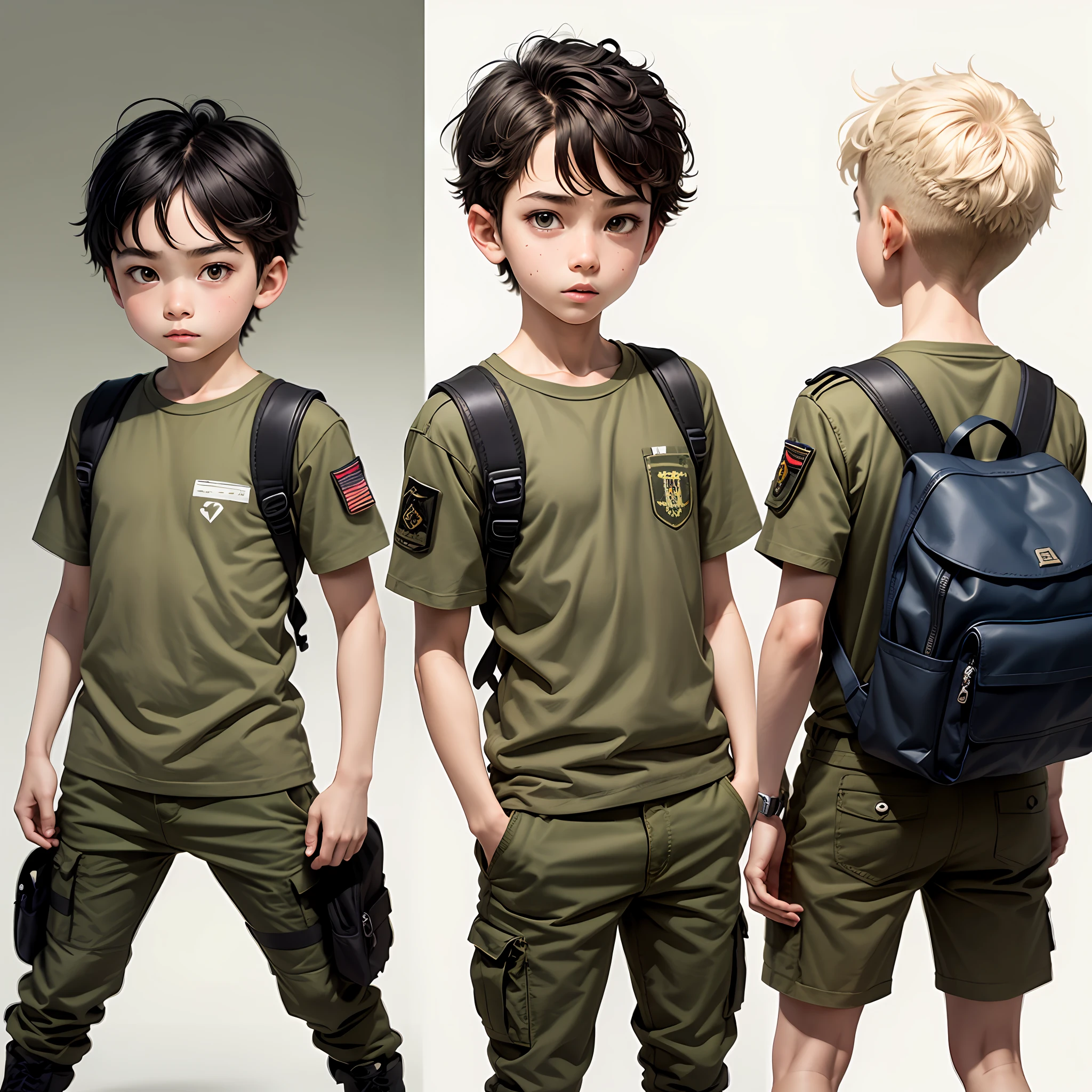 Natan, the boy who dreamed of serving in the Brazilian army, creates various poses and expressions against a white background, in a simple and cute illustration style reminiscent of children's books. He is , light hair in military style military cut, wears camouflage short-sleeved shirt, camouflage tactical pants and sneakers. He doesn't wear glasses or carry a backpack. --auto