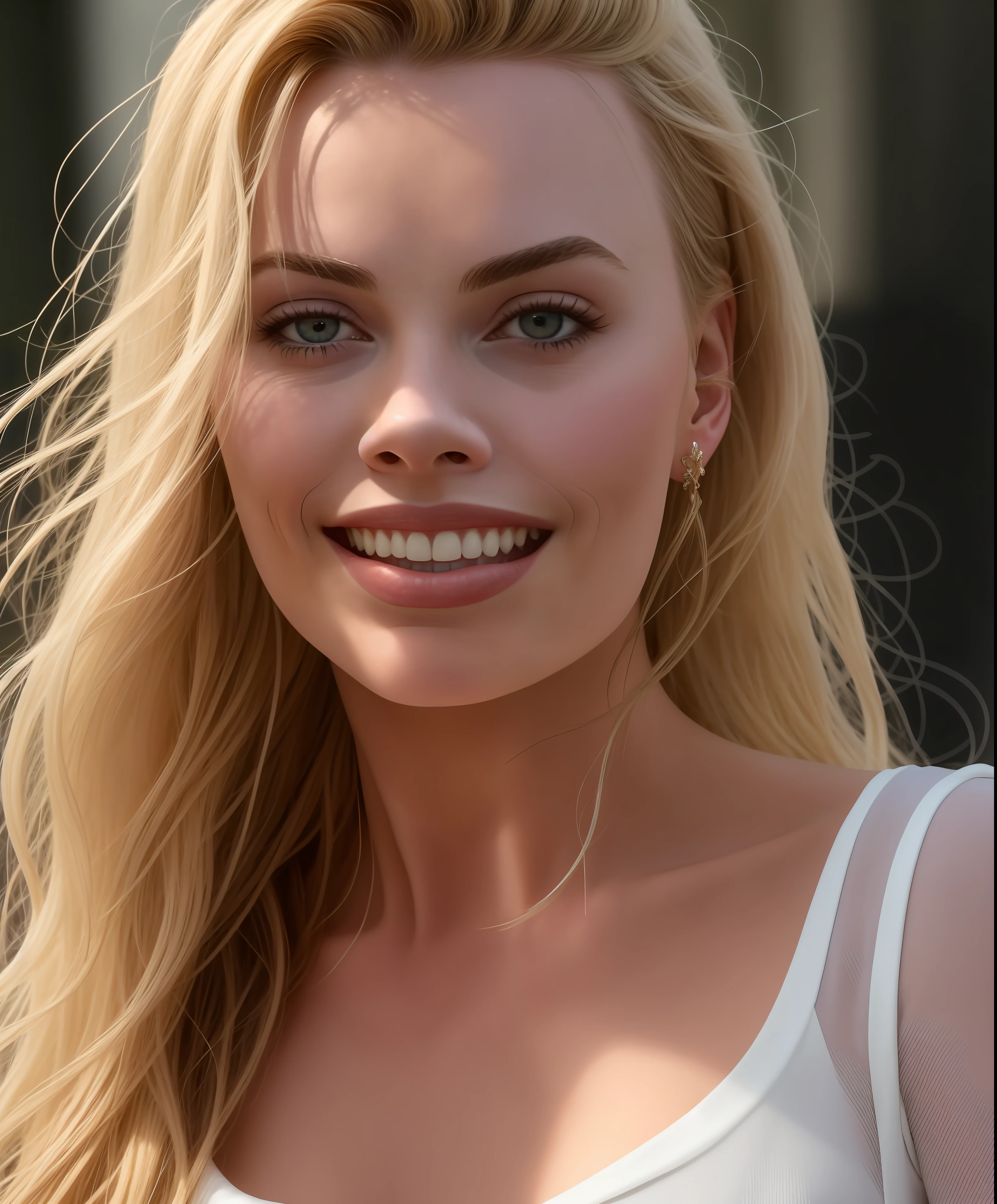 Margot Robbie 25 years old, [[[[closeup]]]], [[[[chest]]], [[[[[neck]]]], [[[[shoulders]]]], perfect eyes, perfect irises, perfect lips, perfect teeth, perfect skin, soft front light, brightness, HDR, (soft colors: 1.2)