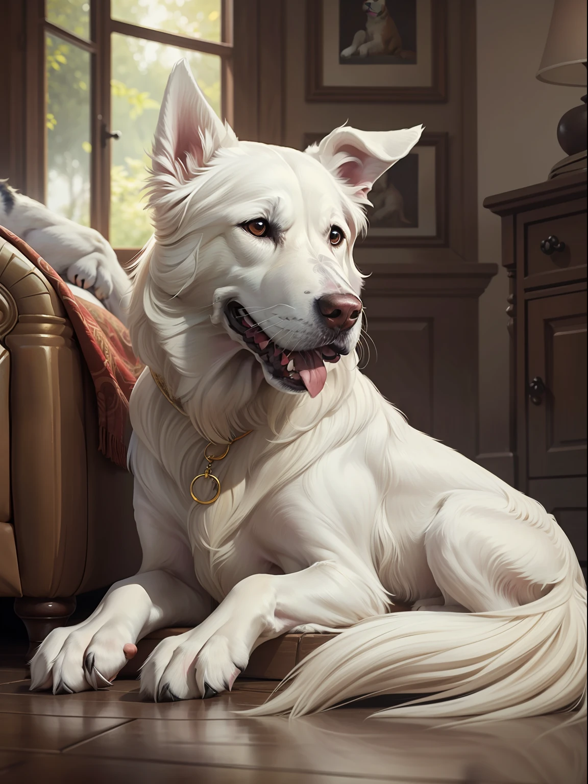 masterpiece, Highly detailed, super realistic,detailed background,
(large white dogs sitting side by side), (sideways), (from side:1.5),