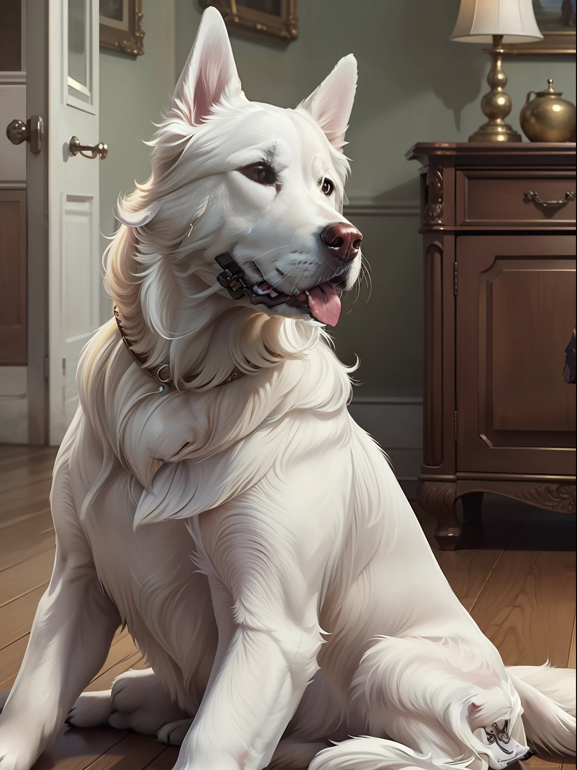 masterpiece, Highly detailed, super realistic,detailed background,
(large white dogs sitting side by side), (sideways), (from side:1.5),
