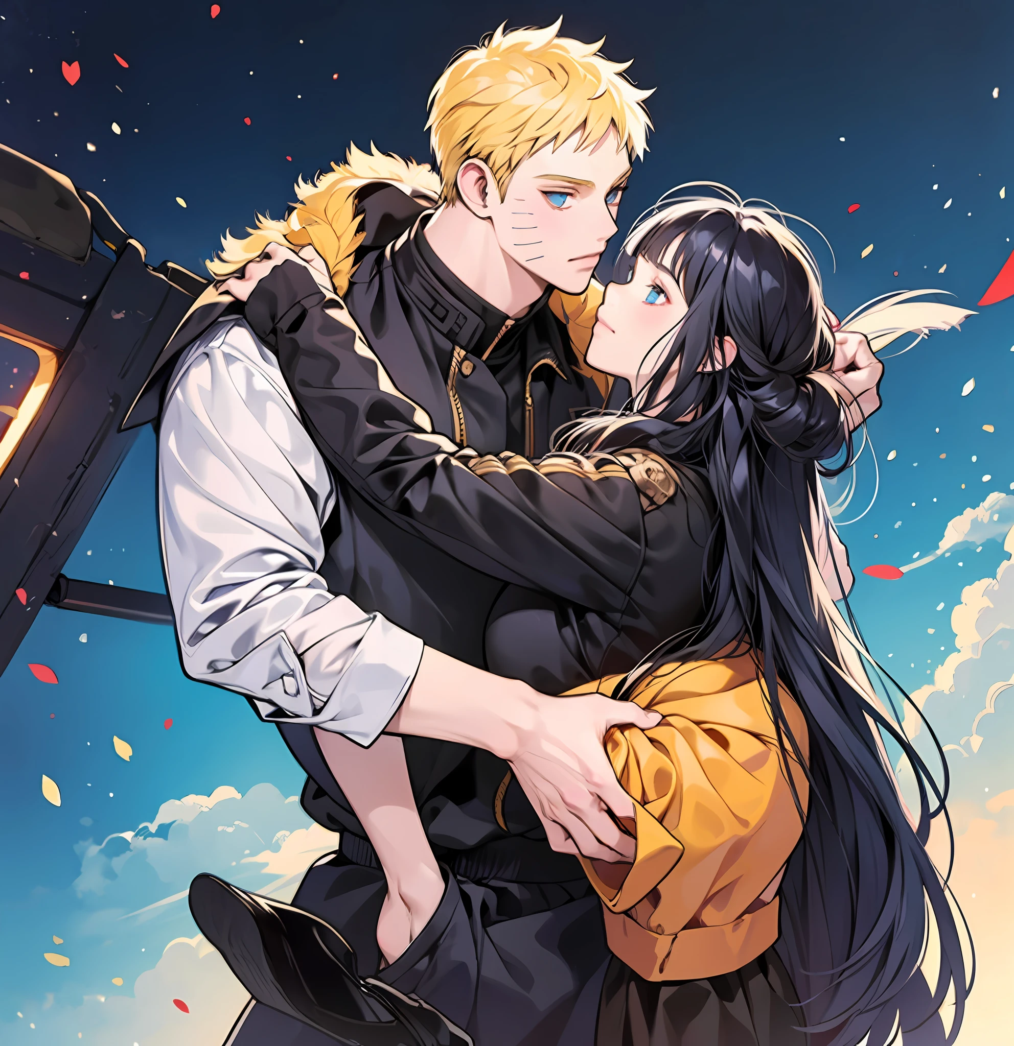 1 girl, 1 boy, hetero, blonde man, dark blue hair girl, naruhina, hug, masterpiece, couple, standing, royalti, nobility, naruto and hinata