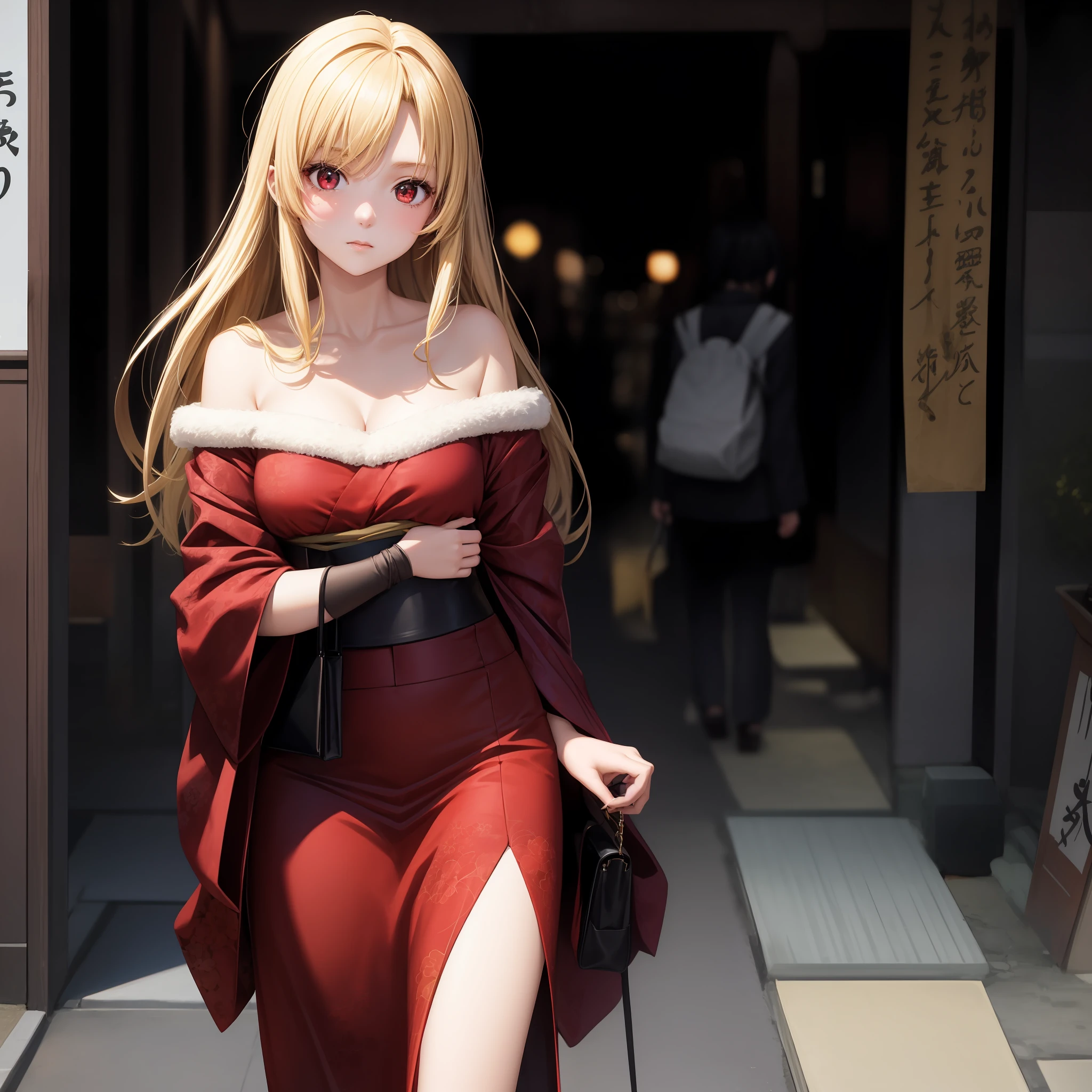 anime, girl, blonde girl with red eyes, off-the-shoulder, kyoto, kyoto