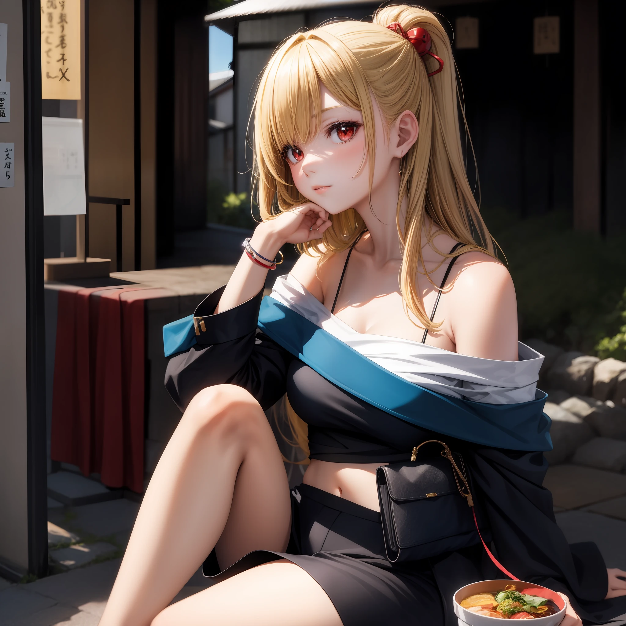 anime, girl, blonde girl with red eyes, off-the-shoulder, kyoto, kyoto
