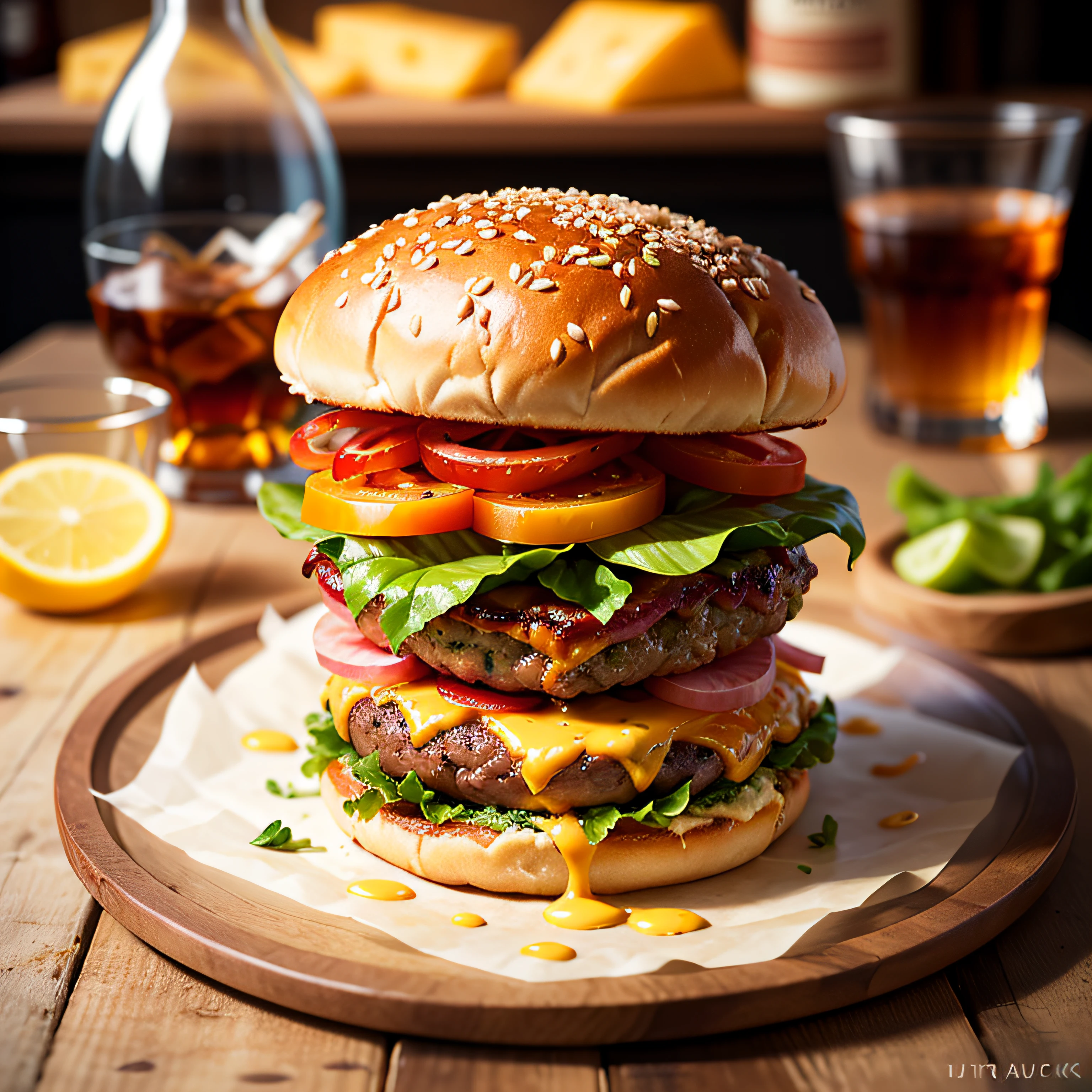 a delicious triple meat hamburger with bacon and yellow cheese, accompanied with a glass of whiskey --auto