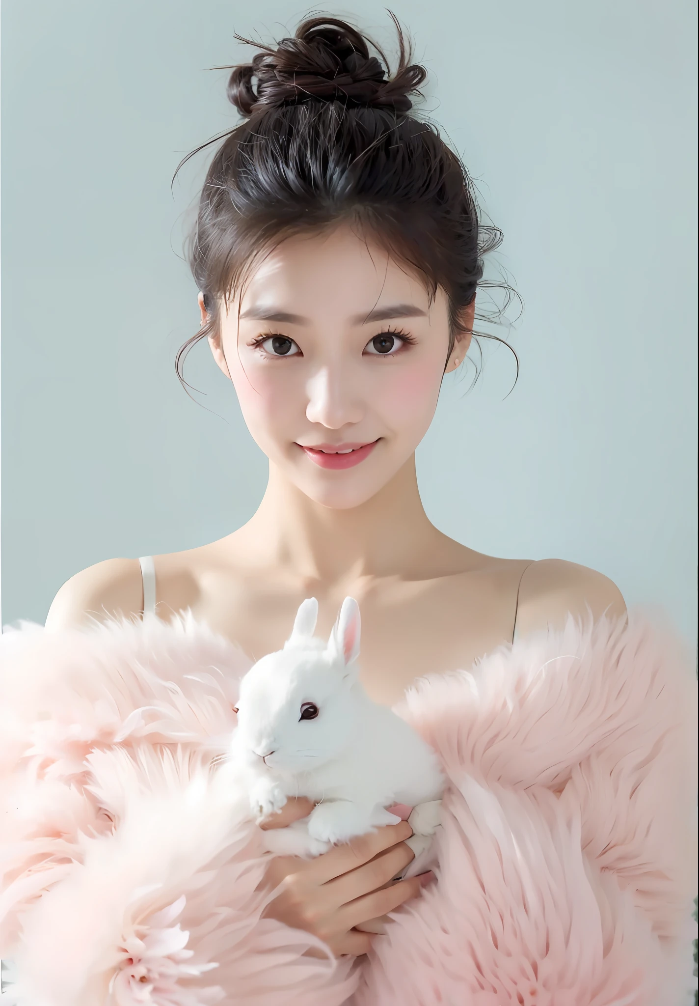 (Best light: 1.2, cute Korean girl: 1.2, [white dress: 1.3], wearing pink long-haired mink bandeau dress, holding a white rabbit in her hand, multicolored flower wall, poster level, flowers on the wall are not crowded, elegant and colorful: 1.1, bright and moving: 1.1, [ultra-detailed: 1.2 + dynamic pose + delicate: 1.2],), large breasts, pursed lips and smiles, flanked by five-colored flowers, The wall is pink hydrangeas, roses, colorful chrysanthemums, and the background wall is a wall of flowers mainly pink