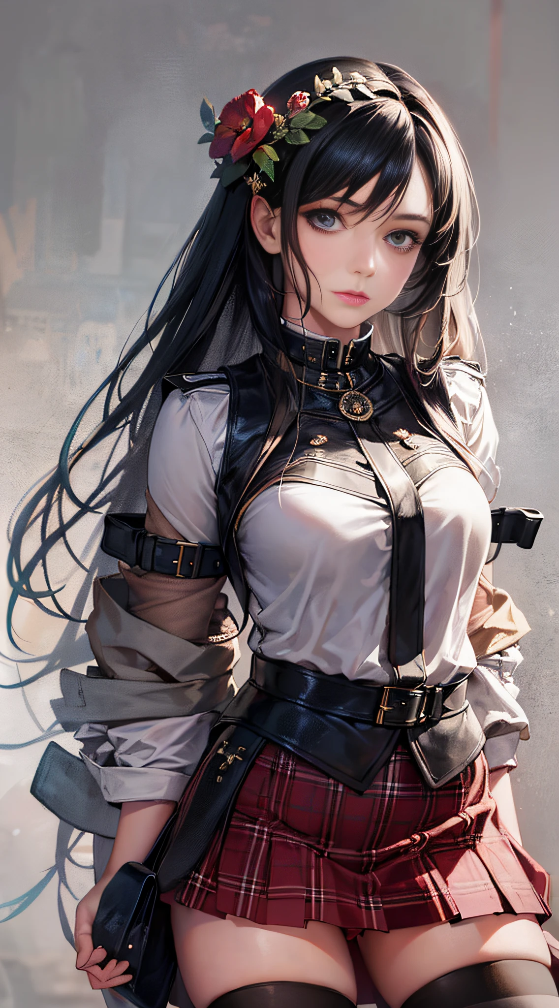 ((masterpiece, best_quality)), 1girl, (photorealistic:1.4),  solo, white_background, black_hair, long_hair,   zettai_ryouiki, skirt, ((full_body)),