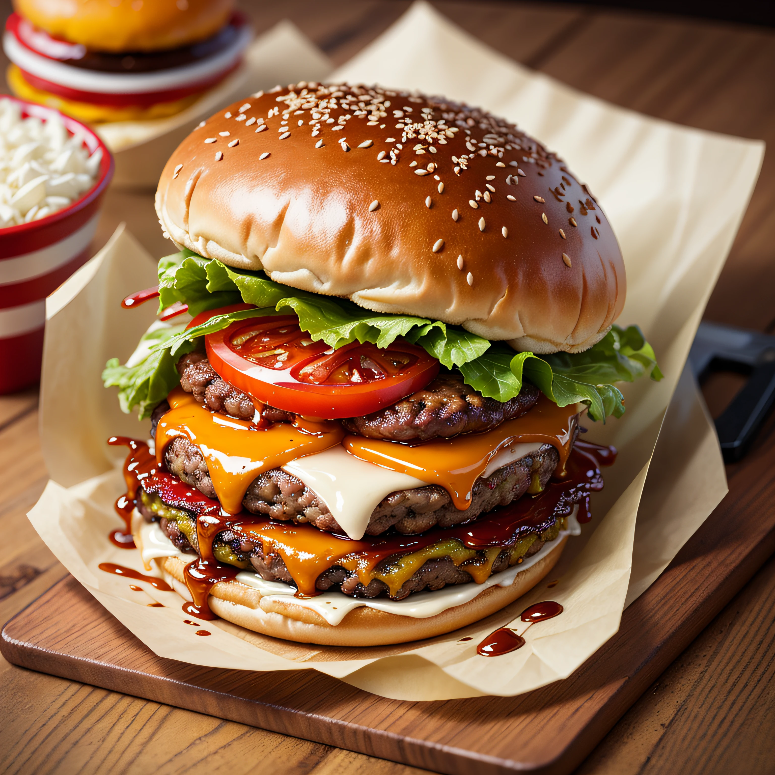 a delicious triple meat hamburger with bacon and yellow cheese, accompanied with a glass of whiskey --auto