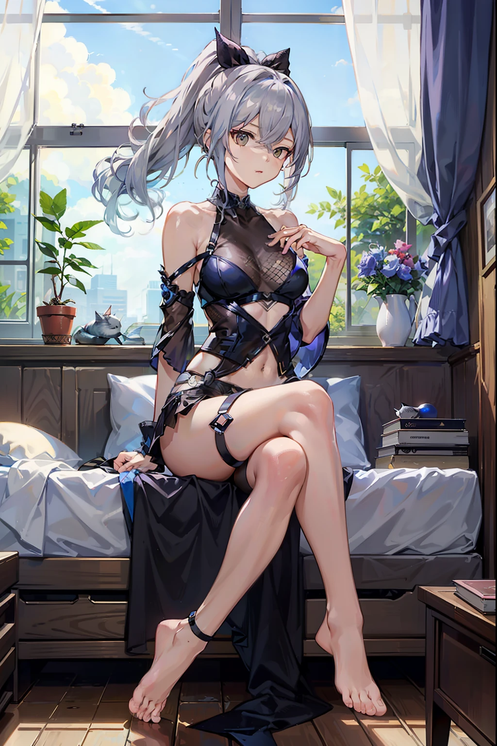 Silver wolf, crossed legs, full body, sitting on a bed, clear day room, transparent clothing, no panties, good anatomy, masterpiece, great quality, , ponytail hair, fish net