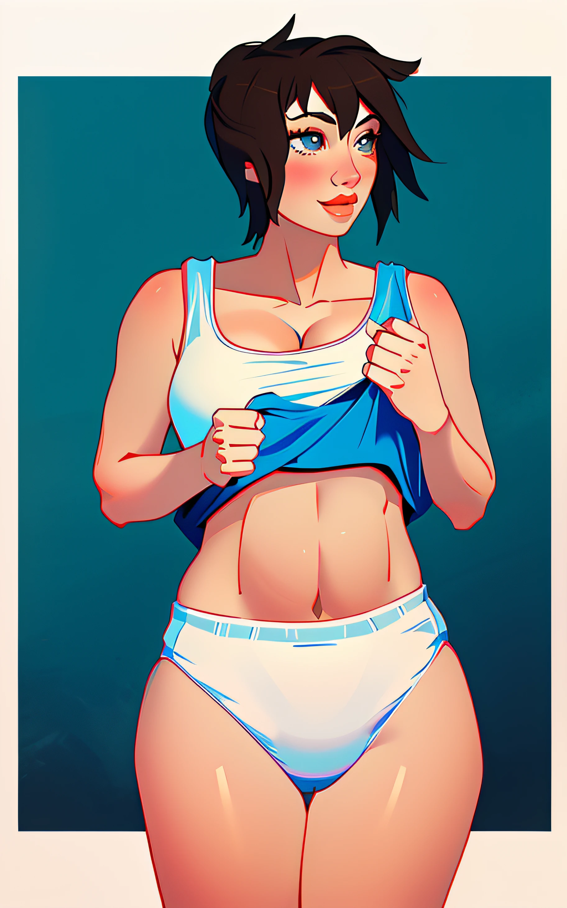 Curvy brunette Latina, lifting up white tank-top to reveal white cotton panties, anime art style, intricate details