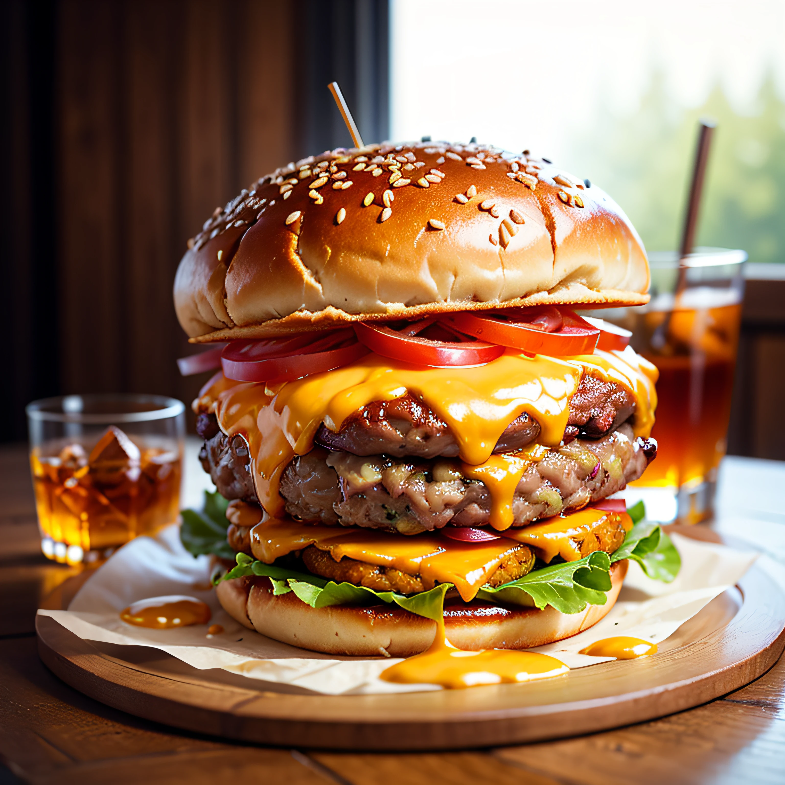 a delicious triple meat hamburger with bacon and yellow cheese, accompanied with a glass of whiskey --auto