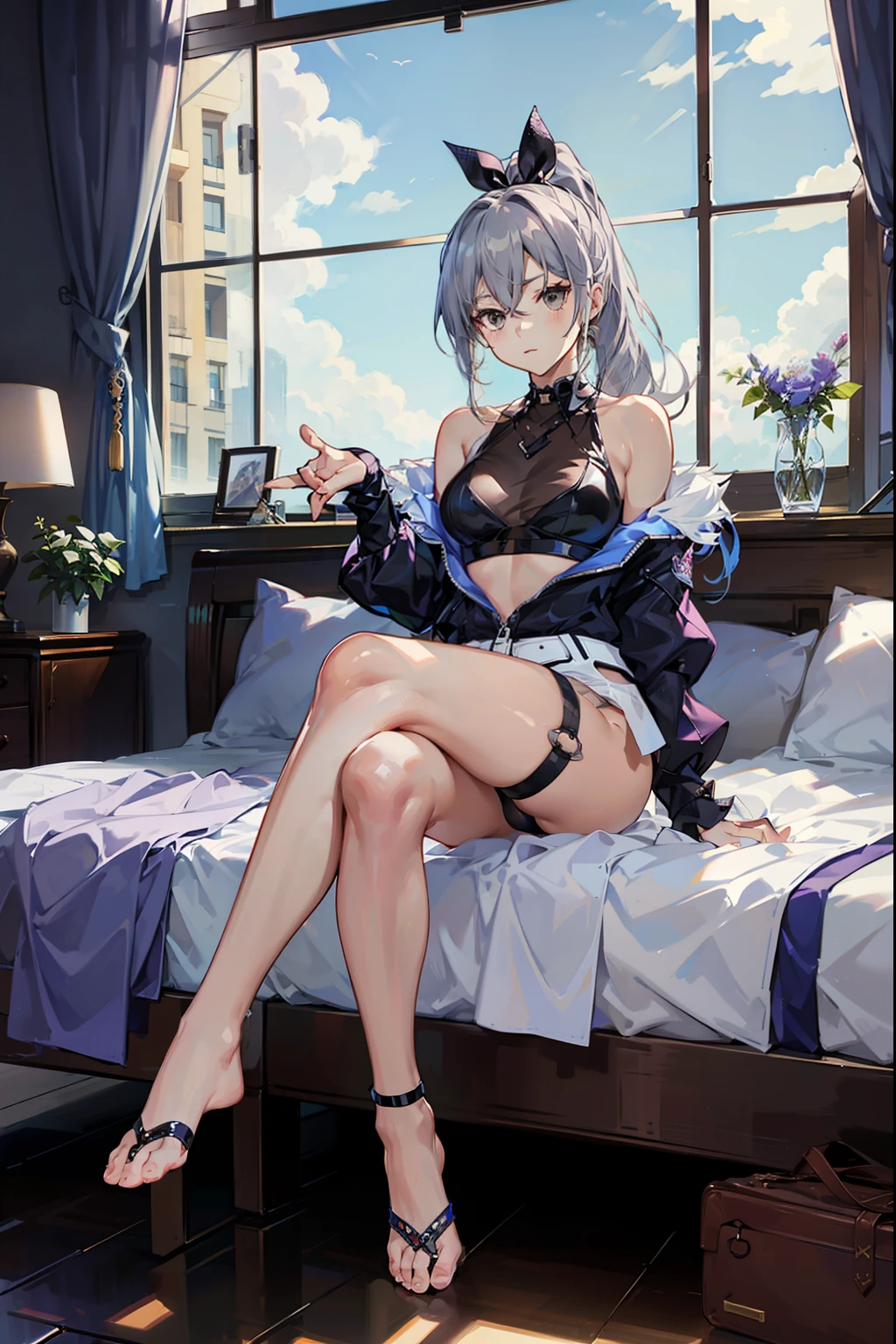 Silver wolf, crossed legs, full body, sitting on a bed, clear day room, transparent clothing, no panties, good anatomy, masterpiece, great quality, , ponytail hair, fish net