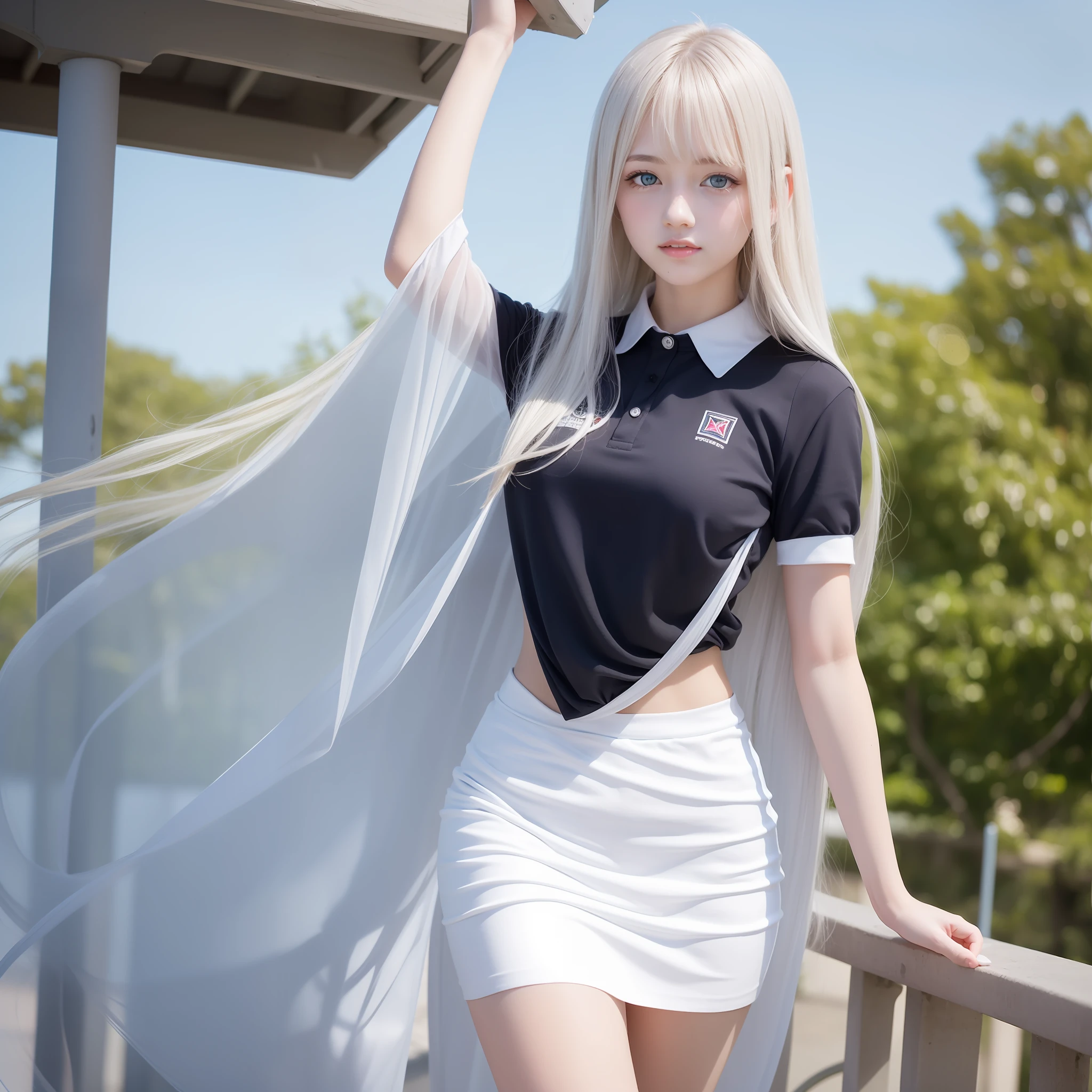 Single girl, school uniform, blue sky, bright and very beautiful face, white and shiny smooth young shiny skin, best good looks, beautiful platinum blonde super long silky straight hair with shining sheen, long bangs swaying, tremendously beautiful 17 years old, shining transparent light blue big eyes, beautiful nice nice european beautiful girl