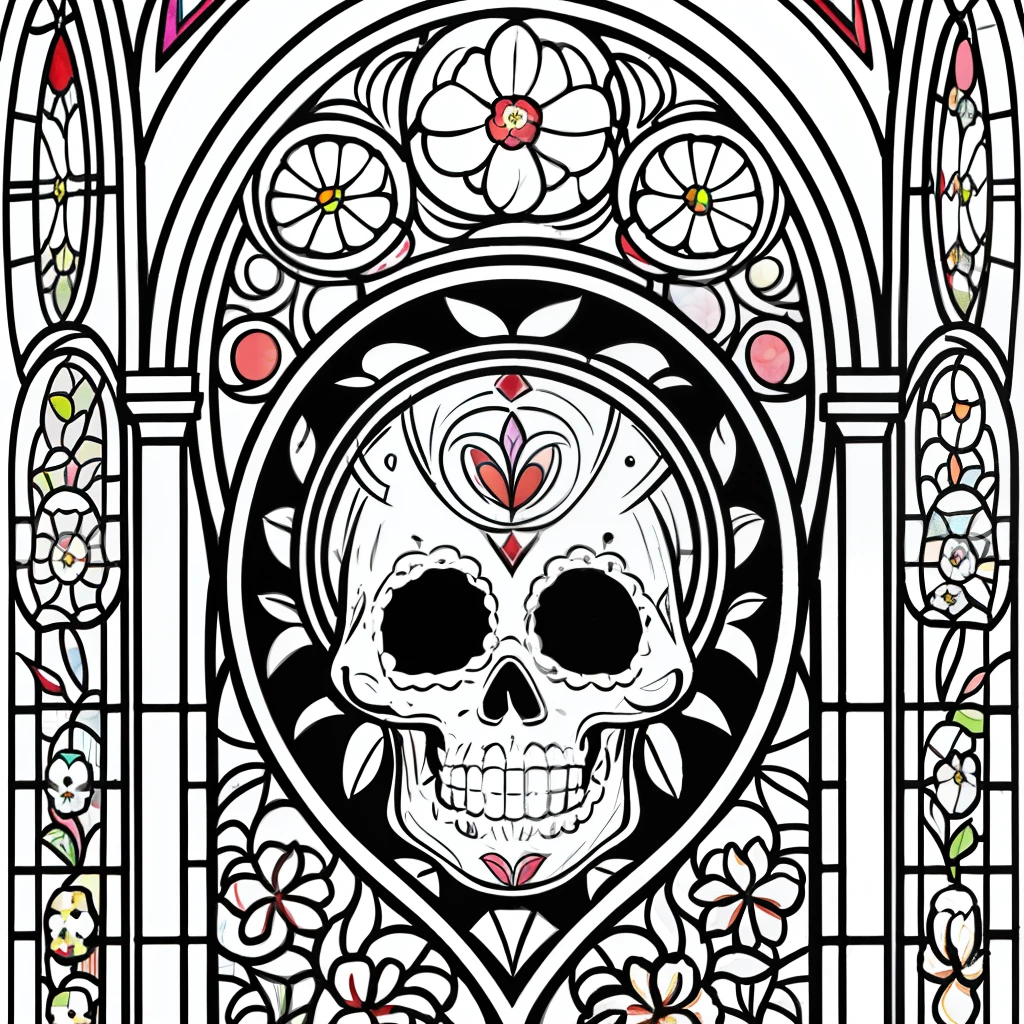 Masterpiece, best quality, (detailed background), high contrast, decorated sugar skull, flower background, thick and clean line drawings, stained glass type, vector