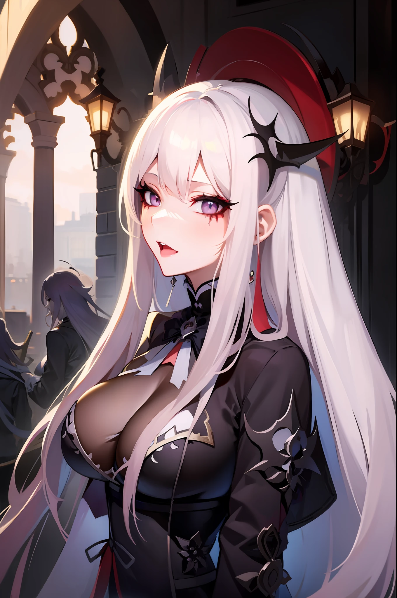 white long hair, white eyes, pale skin, cleavage, eyeliner, goth, gothic, edgy, evil, social london old clothes, woman, anime
