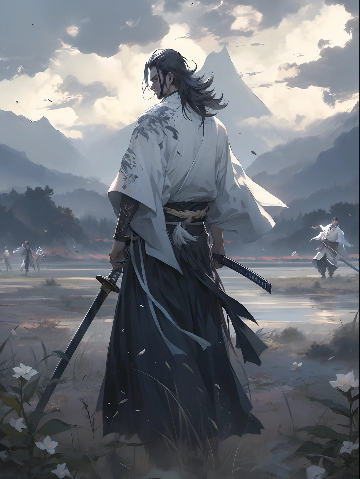 (Anime style, Guvez style, long hair white robe, holding a sword, flowing white robe, blindfolded, Yang J, Zhiding, handsome art painting, beautiful character painting, Shi Tao) --auto