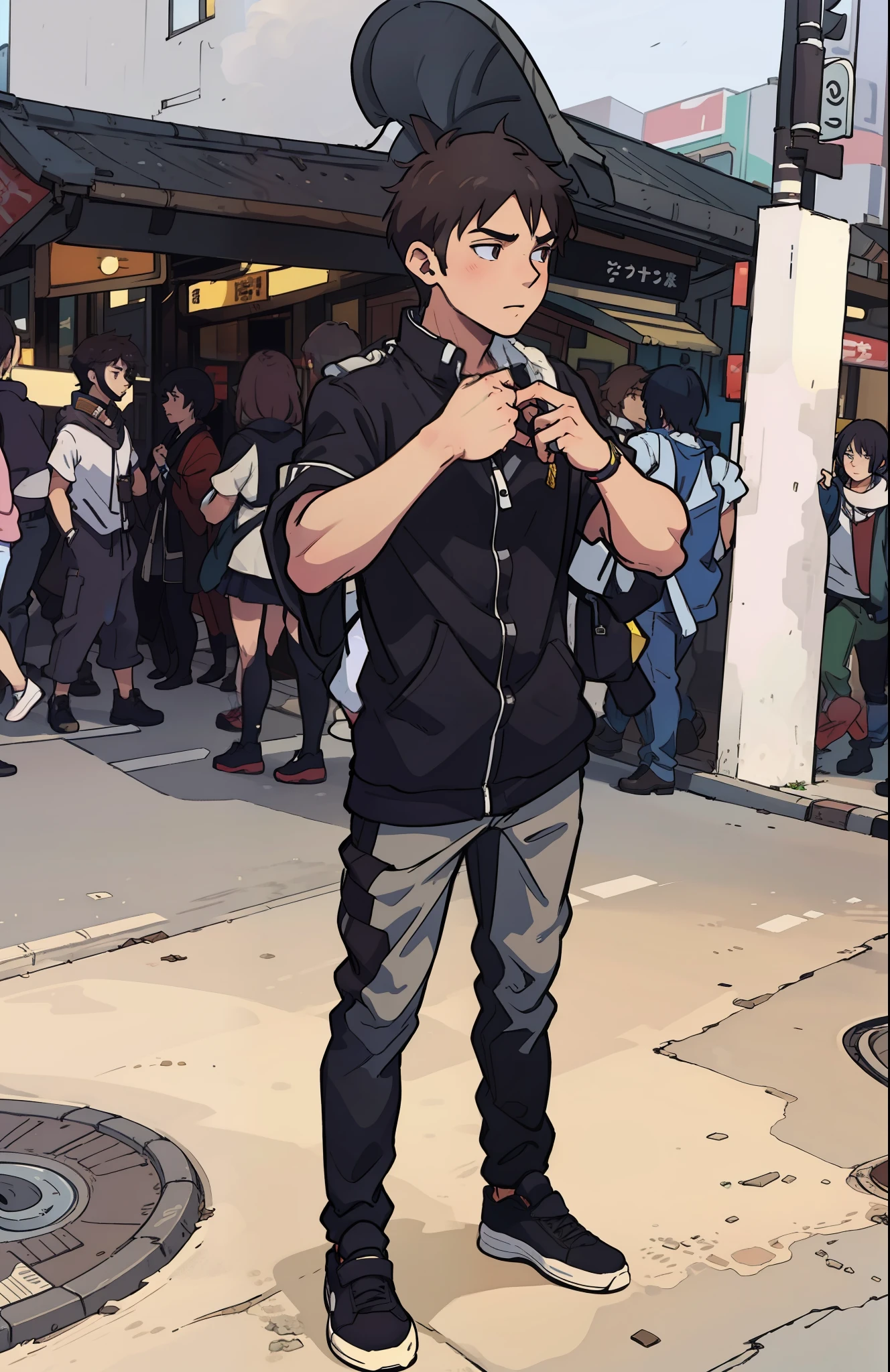 20-year-old boy dressed in social clothing in front of Tokyo's urban avenue street passing by several people, 4k, 2d anime