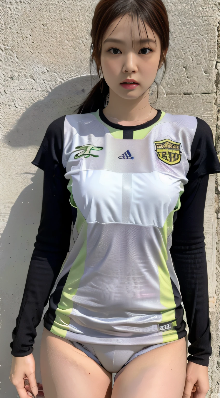 (1girl:1.3), Solo, __body-parts__, Kim Ji-ni Jennie face, wearing trendy brand, football uniform, world-weary face, cold eyes, Korean style photo photo, photography lighting, strong contrast, sunlight on the face, world-weary face, high-class sense, cold eyes, feminine, cement gray background, 8k resolution image, intricate symmetrical details. The whole picture goes forward, mainly a woman standing all over her body, with smooth movements and a complete picture.