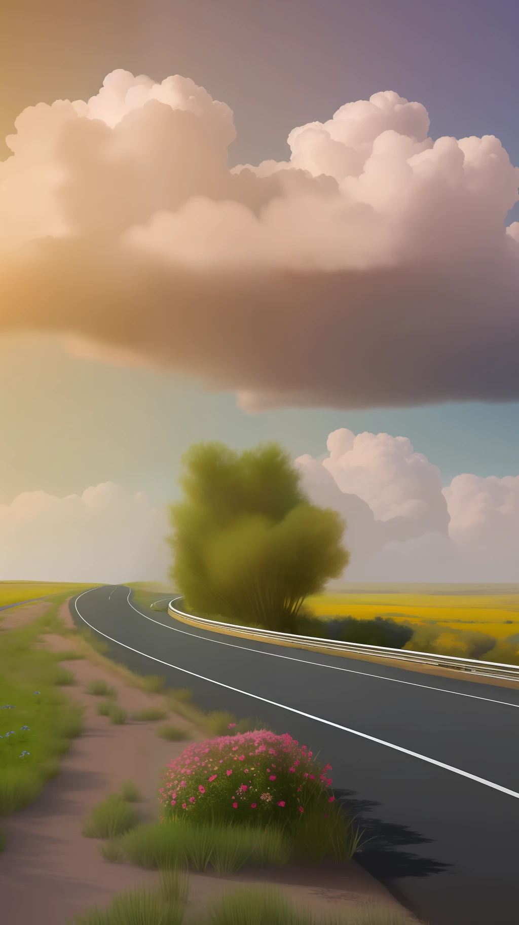 Desert Highway There is a double yellow line in the middle of the road Green shrubs and unknown flowers on both sides of the road There is a big yellow truck in the middle of the road The truck carries a large white cloud, and the clouds fill the carriage, super realistic, photo-like, cinematic, incredible
