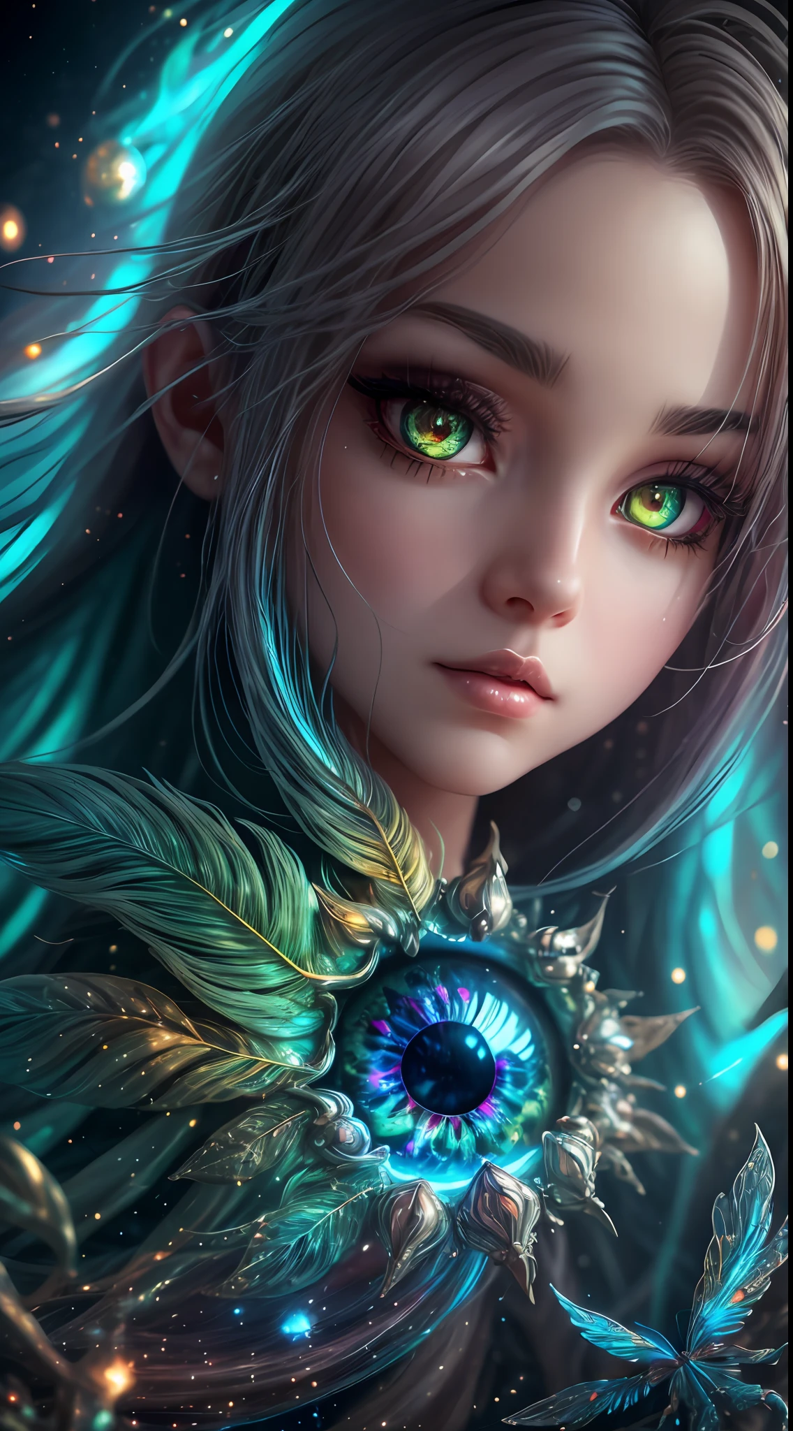 This image should be in a fantasy style.  Generate a beautiful celestial woman with an interesting face and engaging expression who is playing with fantasy creatures. The woman is playing with intricate and stunning fantasy animals. (Include highly detailed fantasy animals.) Include beautiful fur and feathers and ensure the animal has plenty of iridescence. Include 8k eyes, highly detailed eyes, extremely detailed eyes, macro eyes, bright clear eyes, and sharp eyes. The image should be a masterpiece and contain fantasy vibes and phantasmal iridescence. Include many bright colors. Camera: Utilize dynamic composition and studio lighting to enhance details and emphasize fantasy vibes. The image should be ornate and contain many small and intricate details. In the style of Artstation trending and midjourney.
