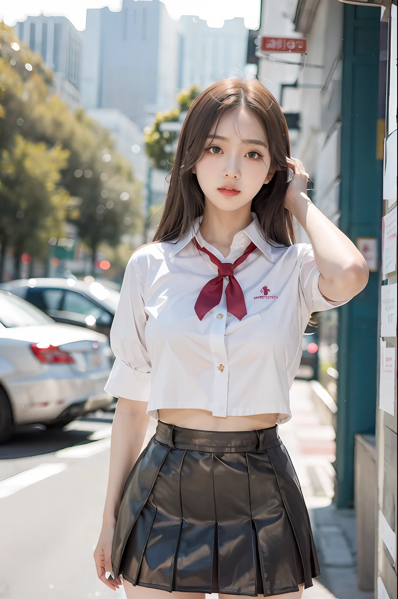 (beautiful eyes), (school-uniform-miniskirt:1.4), hands on legs, big breasts, slim legs, (masterpiece, best quality, realistic:1.3), 1 girl, solo, perfect proportion body, detailed eyes, kpop idol, korean beauty, [feminine pose], 18 years old korean student, white skin, large breasts, breastless_clothes, zettai_ryouiki, thigh_strap, cleavage_cutout