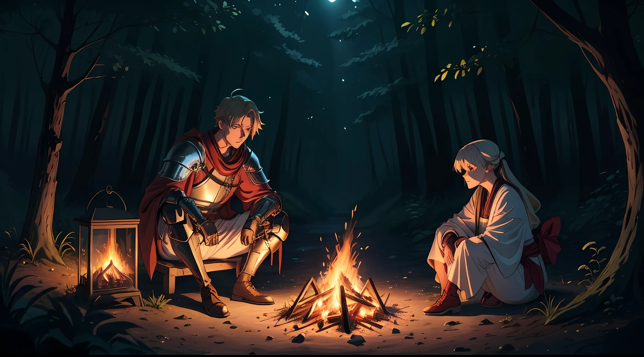 a male Knight and a female white mage rest near a bonfire in a dark forest at night with some firefly flying around, glowing lights, 2d Japanese anime style --auto