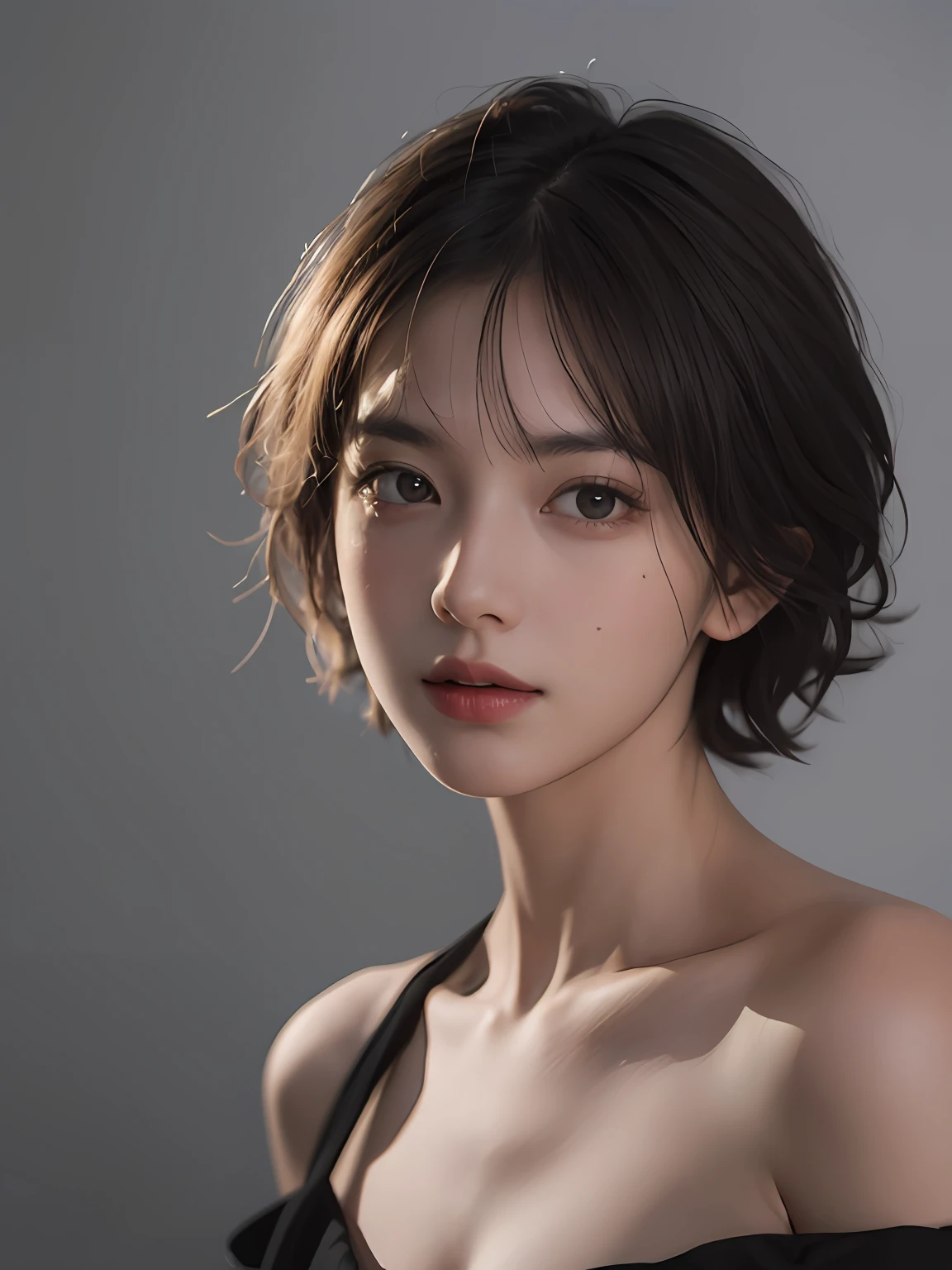 Best quality, masterpiece, ultra high res, (photorealistic:1.5), raw photo, 1girl, offshoulder, in the dark, deep shadow, low key, cold light, sexy look, short hair
