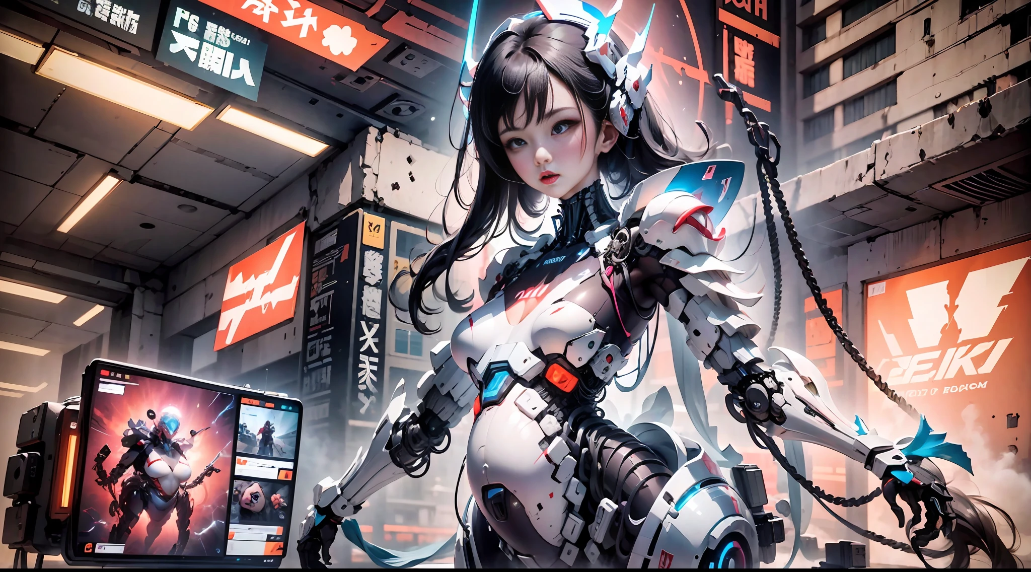 (Very detailed: 1.5) Futuristic mech girl on neon flashing sci-fi magazine cover, (Cyberpunk: 1.3) style, dressed in stylish combat suit with glowing accents, confidently posing as a giant robot in the background, (bold typography: 1.2), dynamic composition, bright colors, (Akira style: 1.1), (Hajime Sorayama inspiration: 1.2) pregnant, pregnant belly