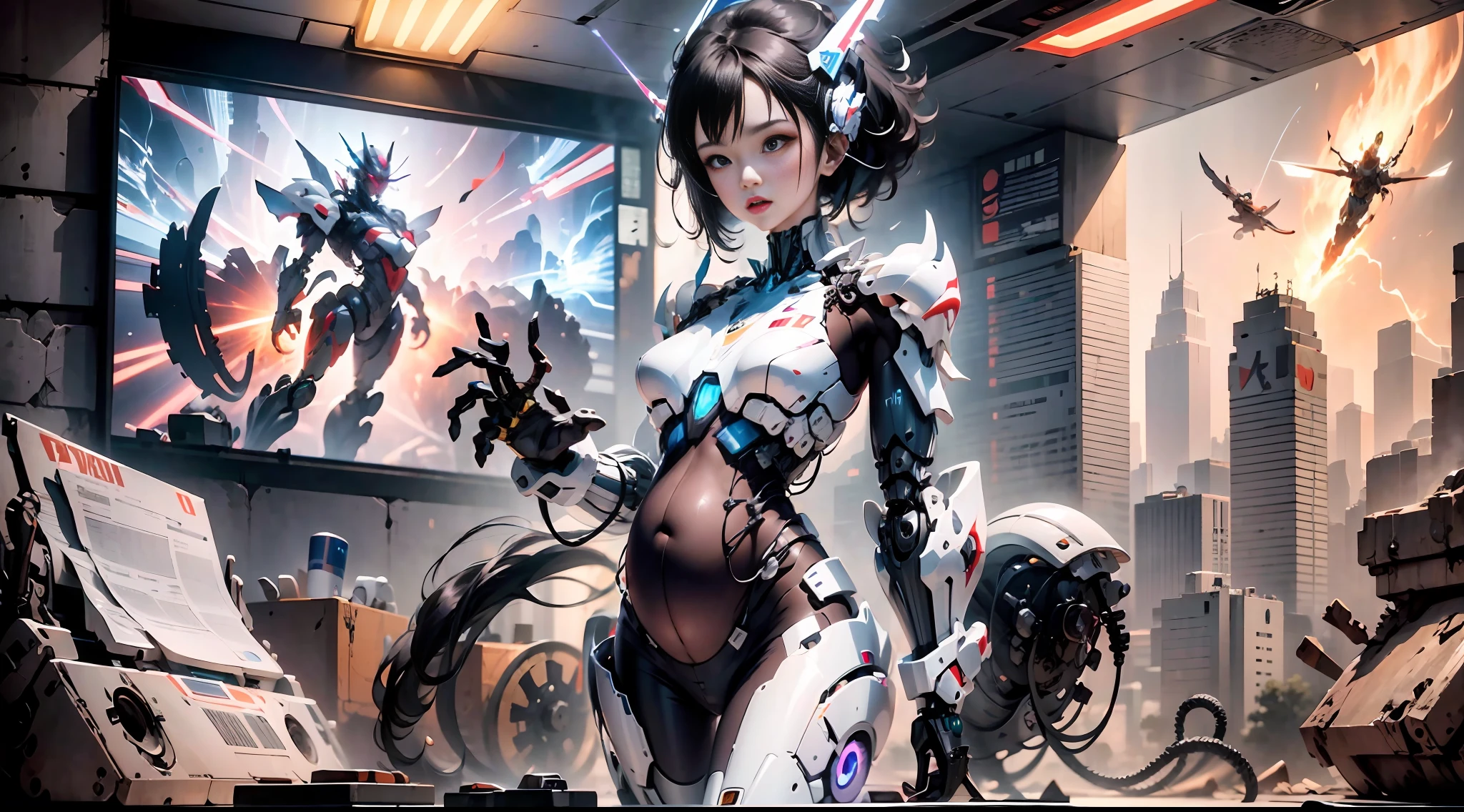 (Very detailed: 1.5) Futuristic mech girl on neon flashing sci-fi magazine cover, (Cyberpunk: 1.3) style, dressed in stylish combat suit with glowing accents, confidently posing as a giant robot in the background, (bold typography: 1.2), dynamic composition, bright colors, (Akira style: 1.1), (Hajime Sorayama inspiration: 1.2) pregnant, pregnant belly