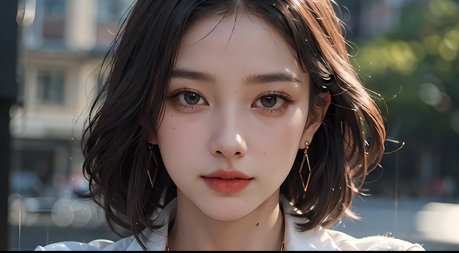 (buttons up to shirt length: 1.2), (white shirt wet in the rain), (shirt unbuttoned: 1.1), big, deep cleavage, top quality, masterpiece, photo-like, pose to take pictures, full body is shown, very delicate and beautiful, very detailed, CG, unity, 8k wallpaper, amazing, fine details, highly detailed CG Unity 8K wallpaper, huge file size, Very detailed, high resolution, handsome detailed woman, highly detailed eyes and face, stunning detailed eyes, face light, (best illustration: 1.1), (best shadow: 1.1), super high resolution, (photorealistic: 1.1), (photorealistic 1.2:1.1), realistic face proportions, slim, smile, (makeup: 0.4), (fluffy black eyes: 1.21), black eyes, Watch Dark Brown Hair, Earrings, Necklace, Hairpin, Cowboy Shot, (Irregular Irregular Skin Imperfections, Veins, Wrinkled Pores: 1.2), (Dark Night Background: 1.2), (Bokeh: 1.4), --s 1000