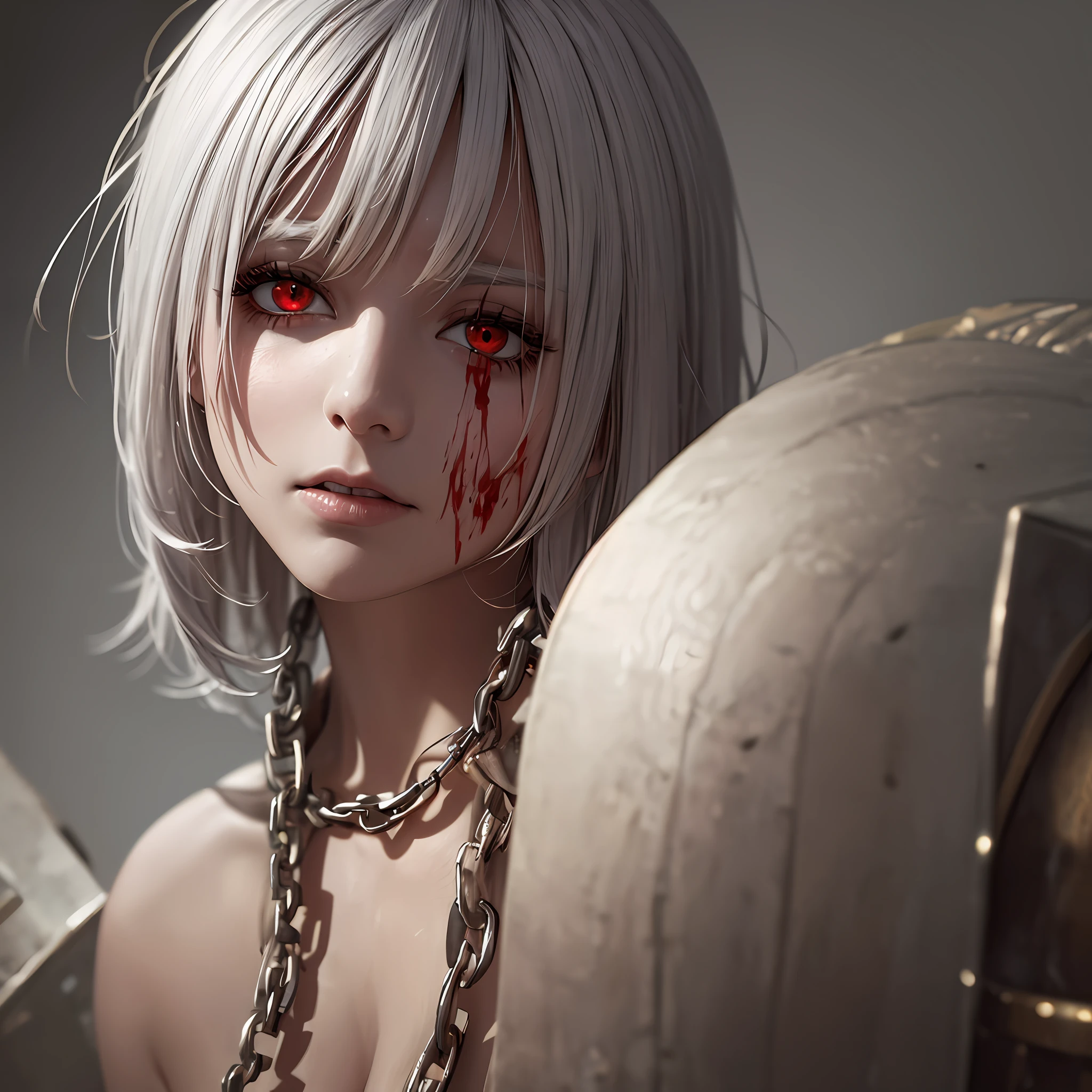 Woman with white hair and bright red eye tied by chain raised with blood, background full of chains and cages, full HD, 4k, 8k, 16k, high resolution, high-definition, super detailed, super realistic, --auto