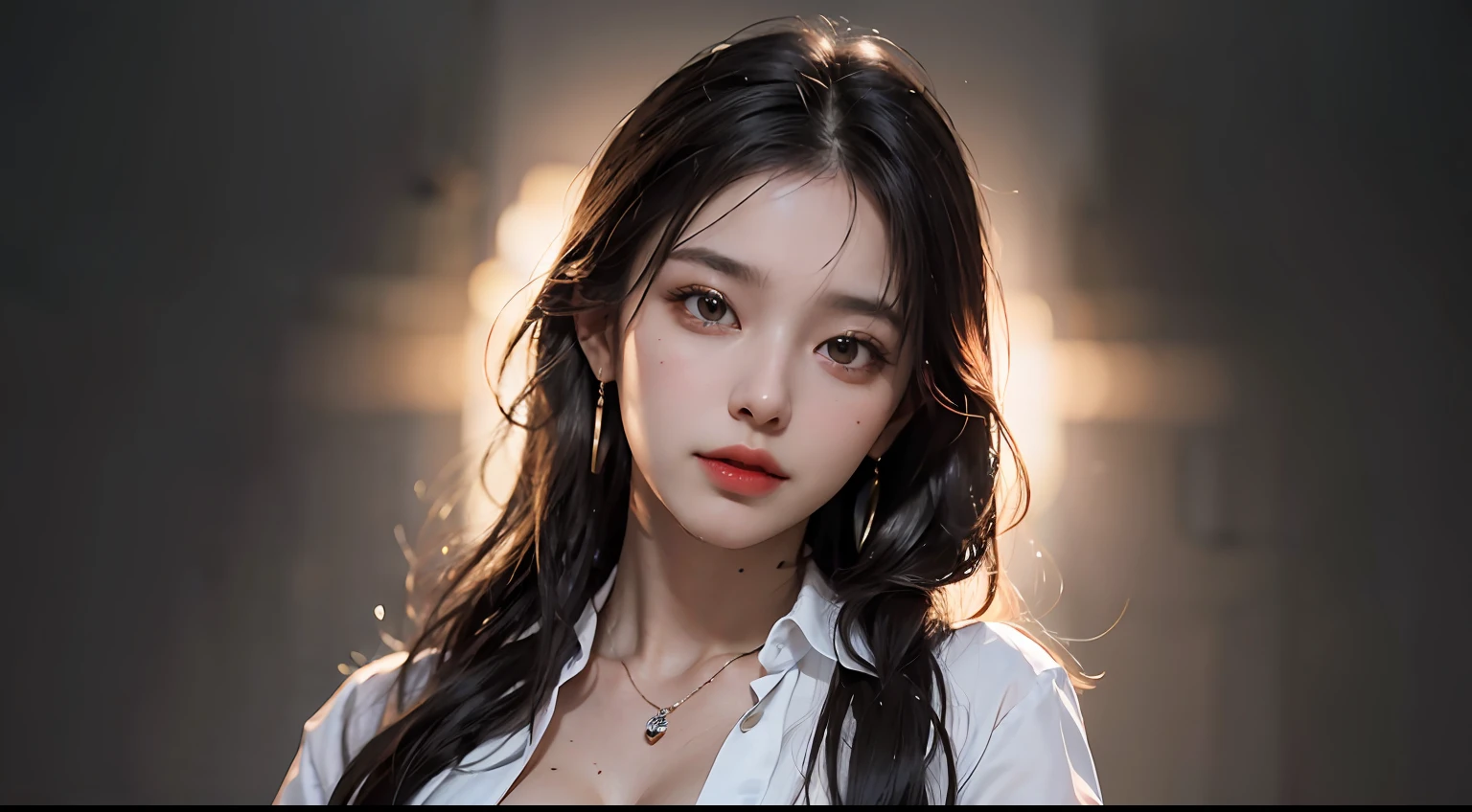 (buttons up to shirt length: 1.2), (white shirt wet in the rain), (shirt unbuttoned: 1.1), big, deep cleavage, top quality, masterpiece, photo-like, pose to take pictures, full body is shown, very delicate and beautiful, very detailed, CG, unity, 8k wallpaper, amazing, fine details, highly detailed CG Unity 8K wallpaper, huge file size, Very detailed, high resolution, handsome detailed woman, highly detailed eyes and face, stunning detailed eyes, face light, (best illustration: 1.1), (best shadow: 1.1), super high resolution, (photorealistic: 1.1), (photorealistic 1.2:1.1), realistic face proportions, slim, smile, (makeup: 0.4), (fluffy black eyes: 1.21), black eyes, Watch viewers, dark brown hair, earrings, necklaces, hairpins, cowboy shots, (irregular irregular skin defects, veins, wrinkled pores on the skin: 1.2), (dark night background: 1.2), (bokeh: 1.4),