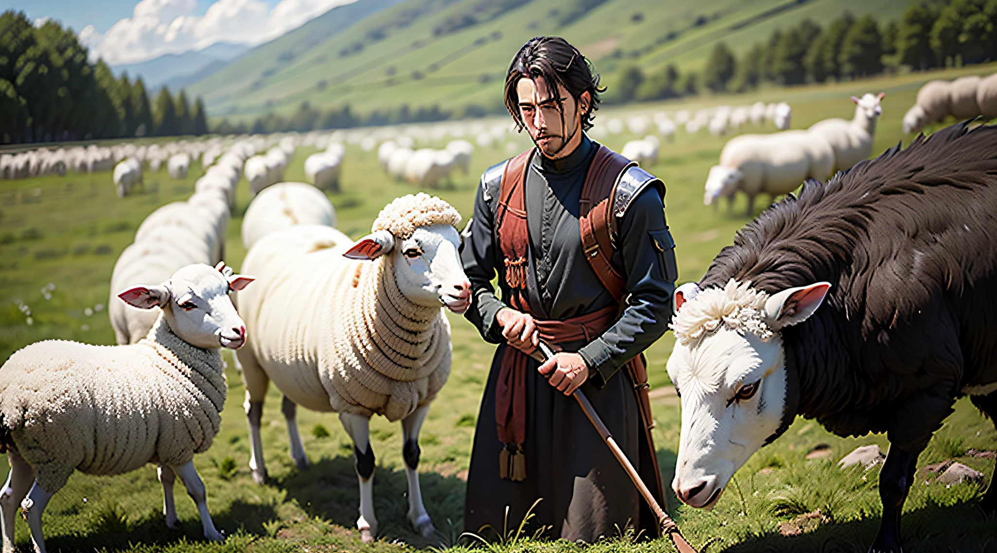 Biblical character David with a humble face tending to his sheep in the field --auto