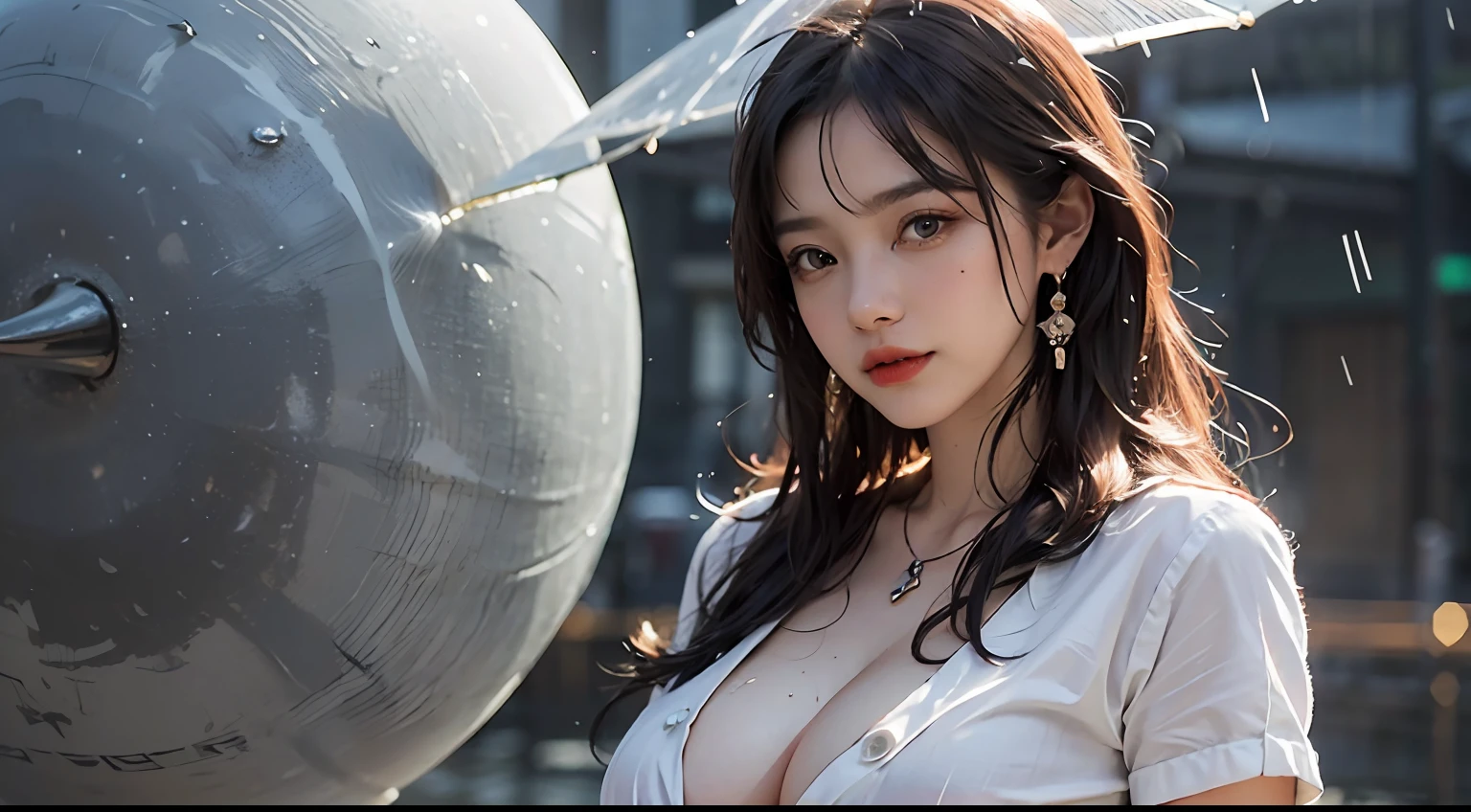 (buttons up to shirt length: 1.2), (white shirt wet in the rain), (shirt unbuttoned: 1.1), big, deep cleavage, top quality, masterpiece, photo-like, pose to take pictures, full body is shown, very delicate and beautiful, very detailed, CG, unity, 8k wallpaper, amazing, fine details, highly detailed CG Unity 8K wallpaper, huge file size, Very detailed, high resolution, handsome detailed woman, highly detailed eyes and face, stunning detailed eyes, face light, (best illustration: 1.1), (best shadow: 1.1), super high resolution, (photorealistic: 1.1), (photorealistic 1.2:1.1), realistic face proportions, slim, smile, (makeup: 0.4), (fluffy black eyes: 1.21), black eyes, Watch viewers, dark brown hair, earrings, necklaces, hairpins, cowboy shots, (irregular irregular skin defects, veins, wrinkled pores on the skin: 1.2), (dark night background: 1.2), (bokeh: 1.4),