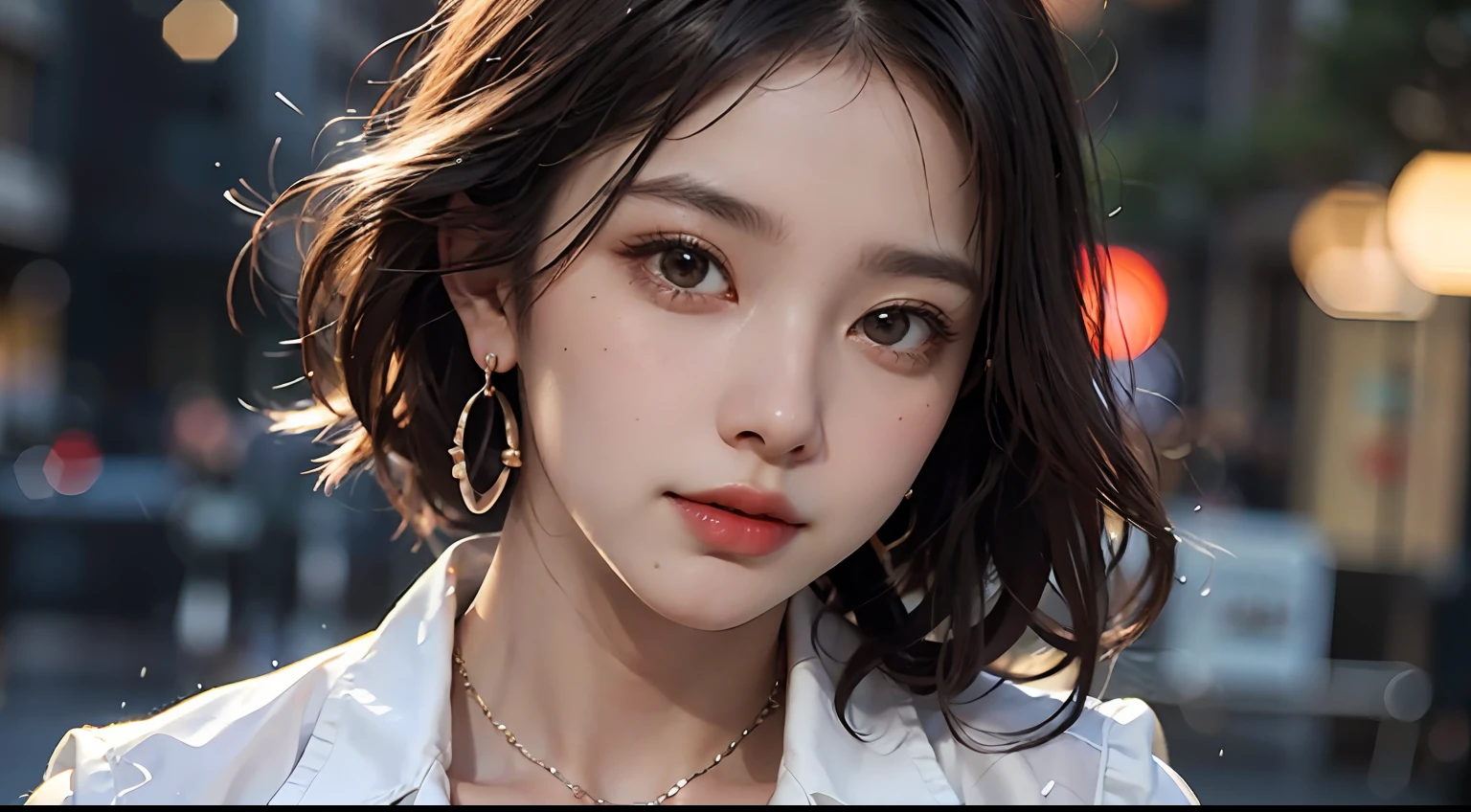(buttons up to shirt length: 1.2), (white shirt wet in the rain), (shirt unbuttoned: 1.1), big, deep cleavage, top quality, masterpiece, photo-like, pose to take pictures, full body is shown, very delicate and beautiful, very detailed, CG, unity, 8k wallpaper, amazing, fine details, highly detailed CG Unity 8K wallpaper, huge file size, Very detailed, high resolution, handsome detailed woman, highly detailed eyes and face, stunning detailed eyes, face light, (best illustration: 1.1), (best shadow: 1.1), super high resolution, (photorealistic: 1.1), (photorealistic 1.2:1.1), realistic face proportions, slim, smile, (makeup: 0.4), (fluffy black eyes: 1.21), black eyes, Watch Dark Brown Hair, Earrings, Necklace, Hairpin, Cowboy Shot, (Irregular Irregular Skin Imperfections, Veins, Wrinkled Pores: 1.2), (Dark Night Background: 1.2), (Bokeh: 1.4), --s 1000