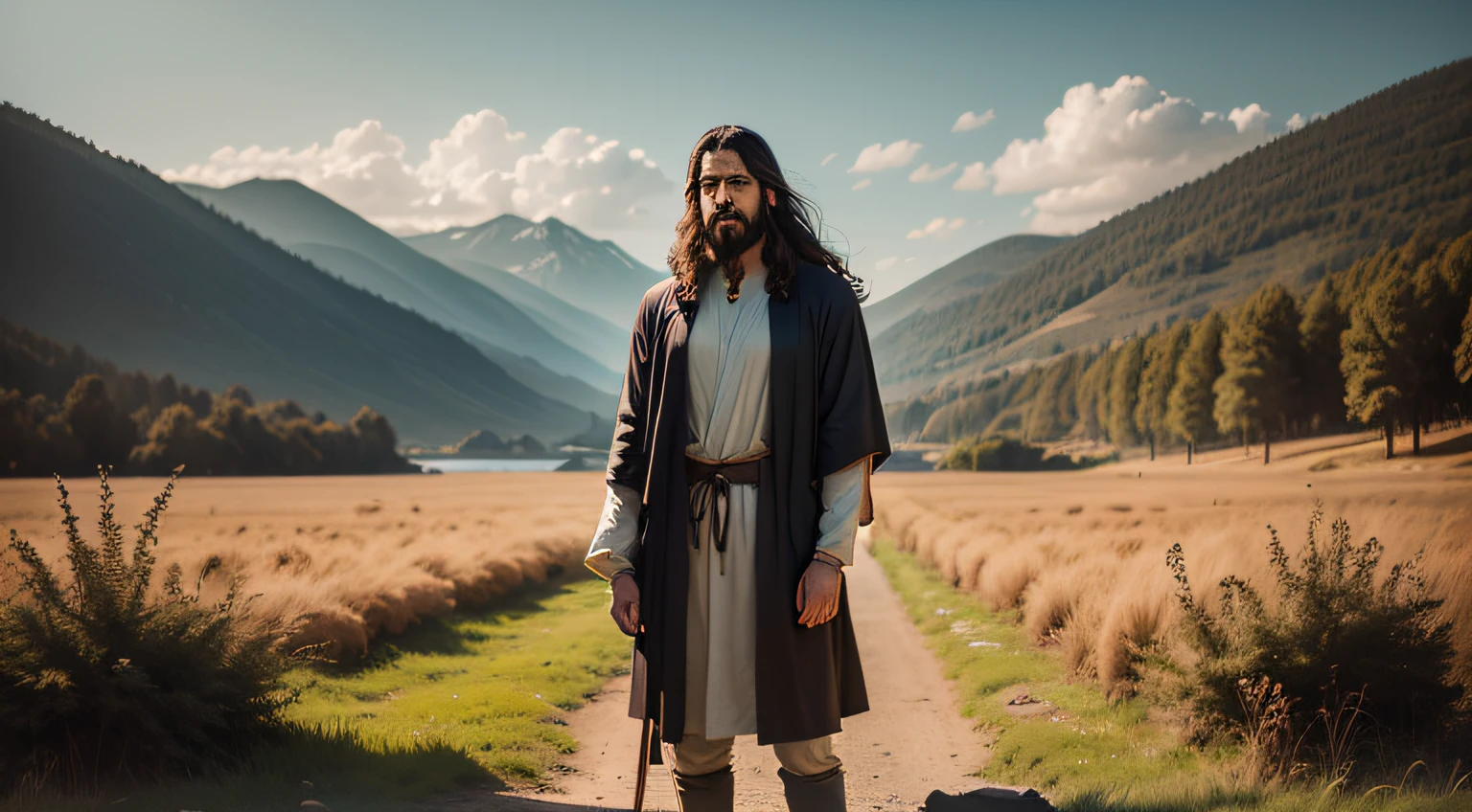 arafed man with a beard and a cross - body outfit standing in a field, a picture inspired by Abraham Begeyn, pexels, hudson river school, dressed like jesus christ, jesus of nazareth, biblical clothing, biblical epic movie, jesus christ, jesus, abraham teerlink, the lord and savior, moses, nicodemus