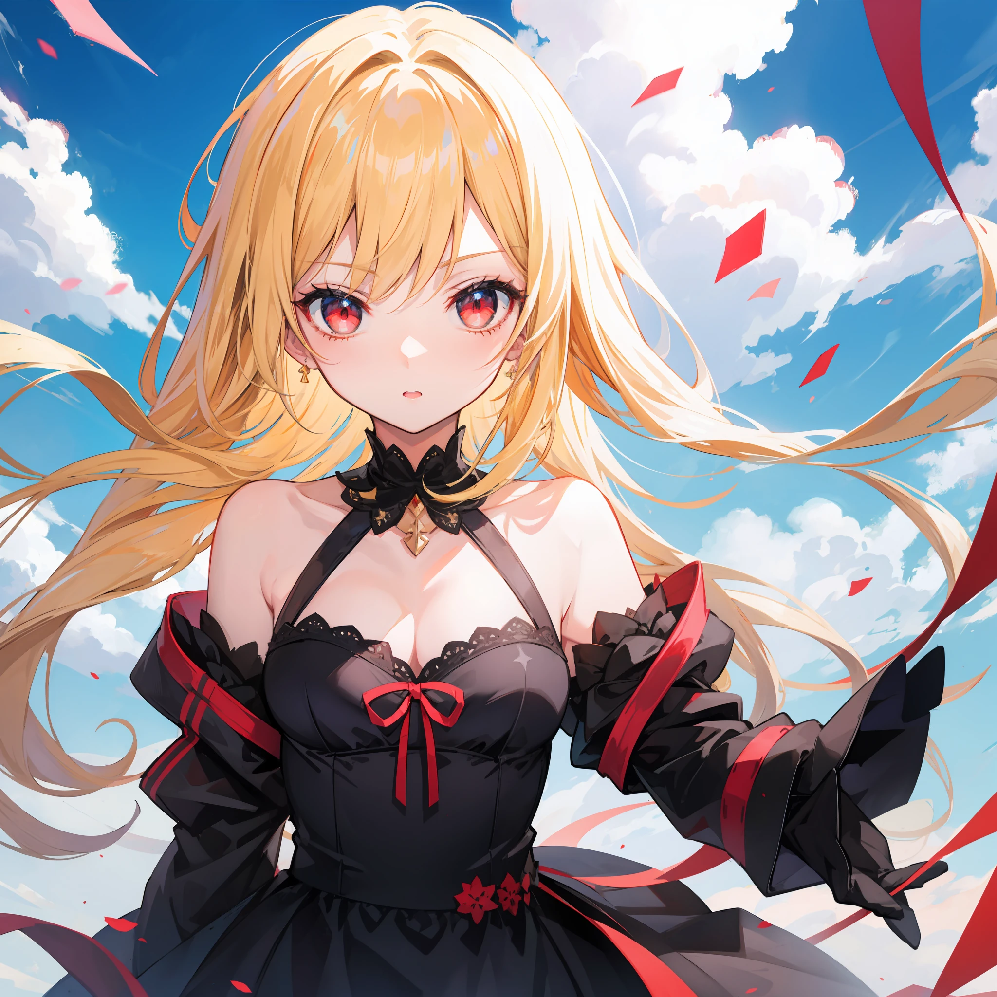 anime, blonde and red eyed girl, black dress, off-the-shoulder, sky