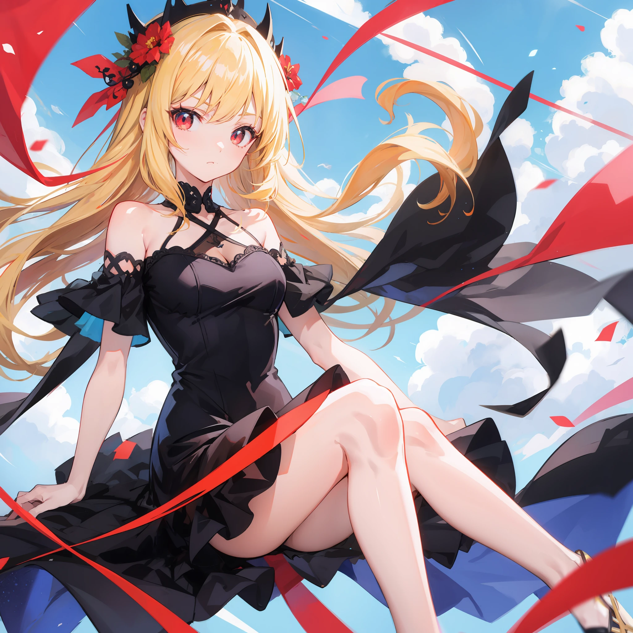 anime, blonde and red eyed girl, black dress, off-the-shoulder, sky