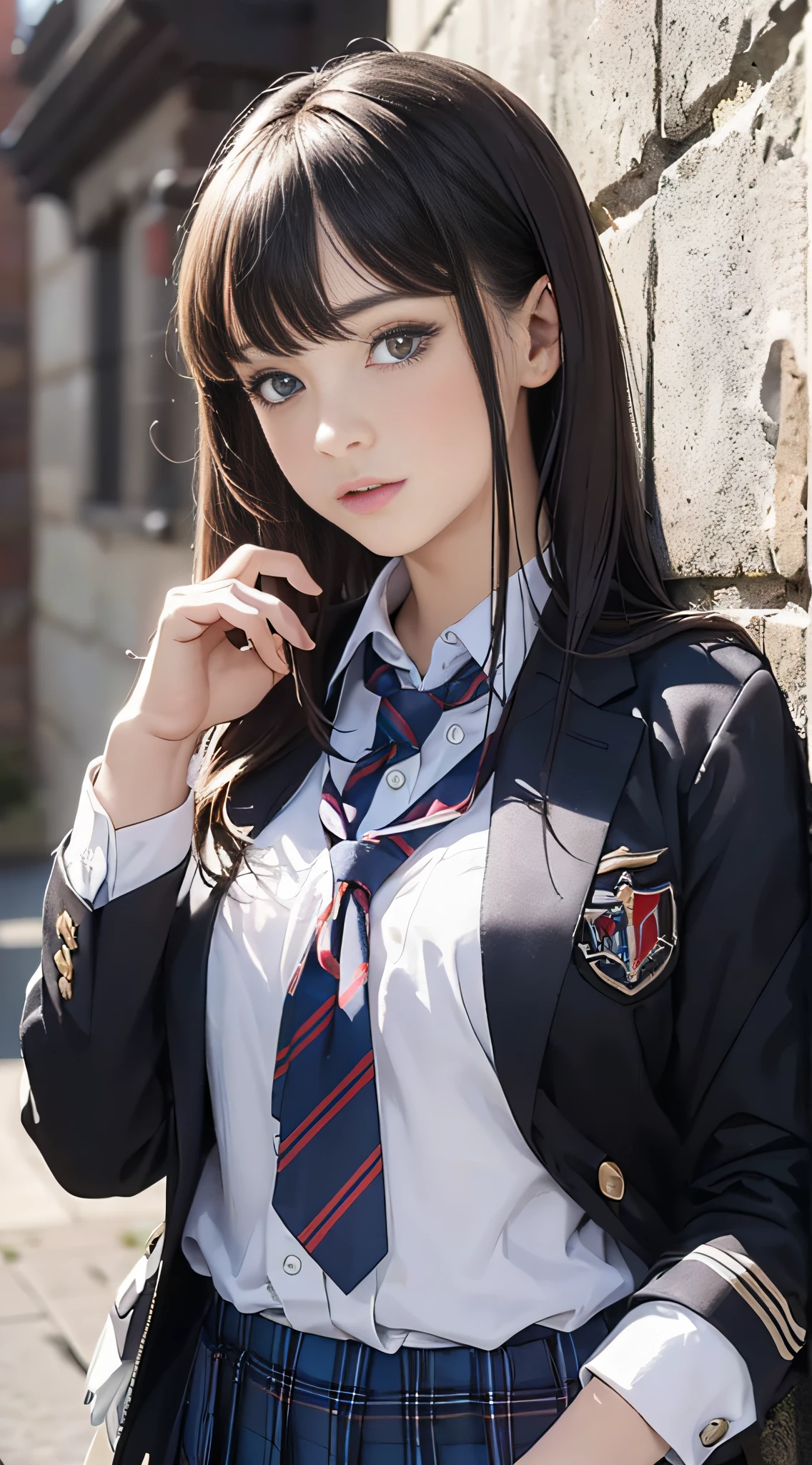 ((8k, best quality, masterpiece:1.2),HashimotoKanna, best quality,realistic,realskin,1girl,outdoor ,beautiful,raw_photo,photo-realistic, black hair, school uniform,