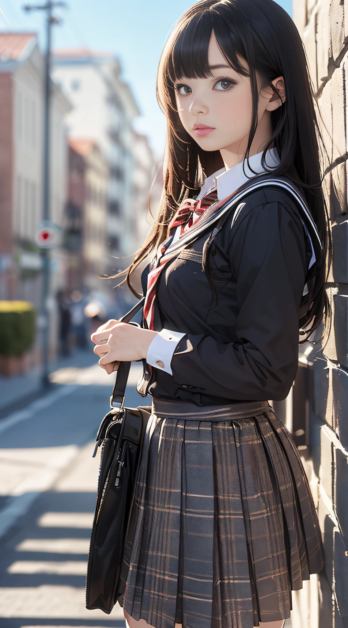 ((8k, best quality, masterpiece:1.2),HashimotoKanna, best quality,realistic,realskin,1girl,outdoor ,beautiful,raw_photo,photo-realistic, black hair, school uniform,