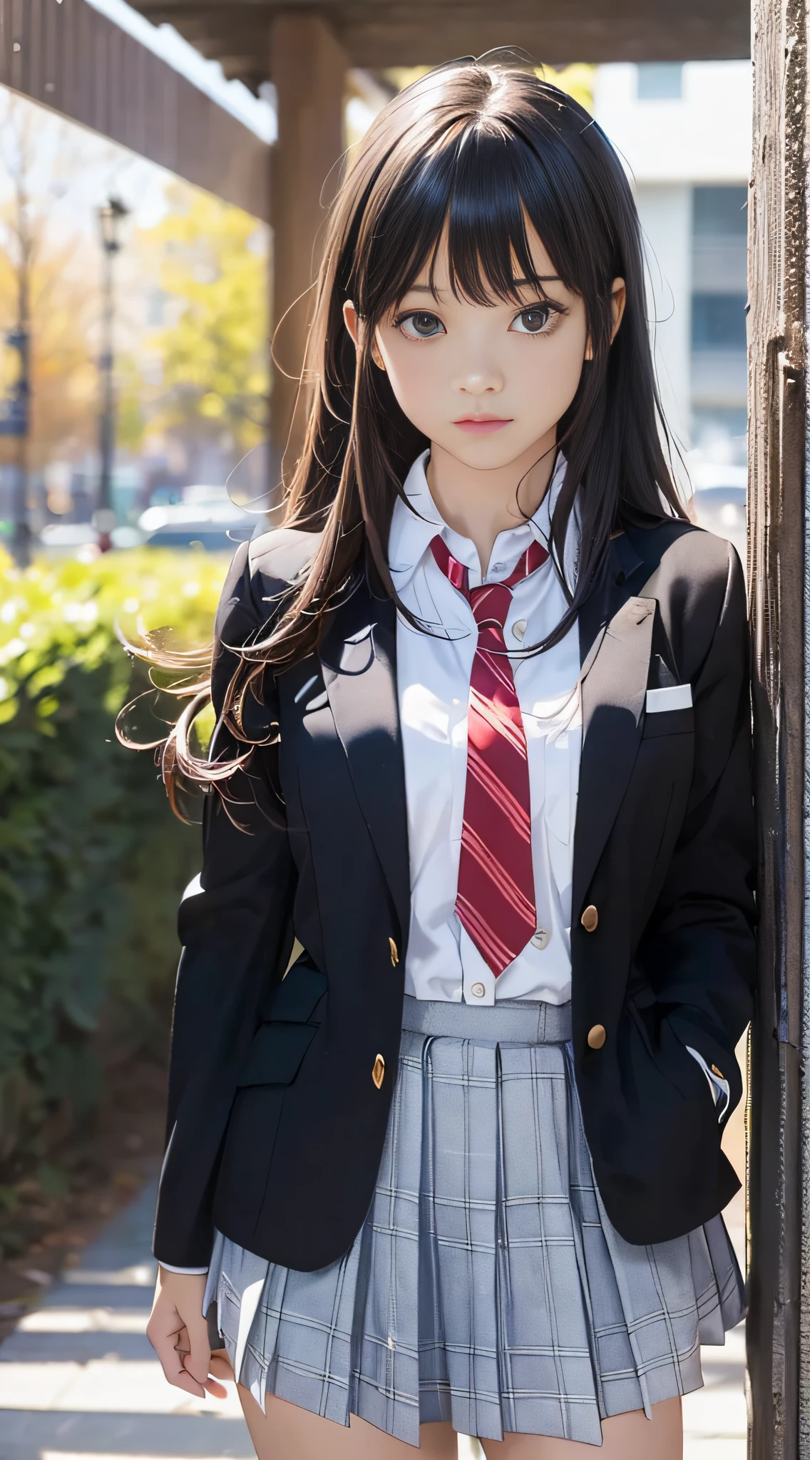 ((8k, best quality, masterpiece:1.2),HashimotoKanna, best quality,realistic,realskin,1girl,outdoor ,beautiful,raw_photo,photo-realistic, black hair, school uniform,