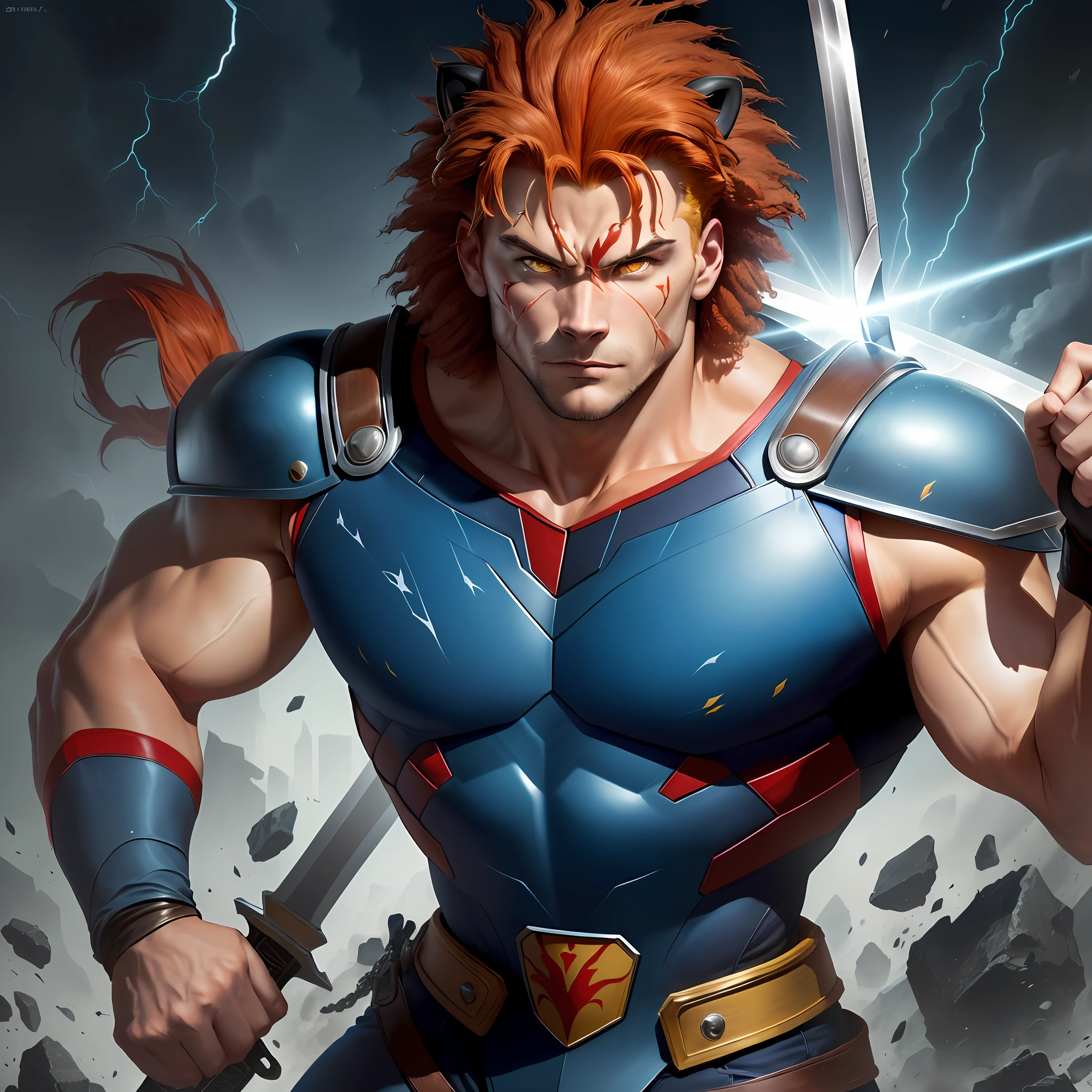 1 man with Leo features on his face (Lion-o holding the vigilante sword), (yellow eyes, red hair), blue clothing, blue breastplate, dynamic pose, blue body hair, (thundercats). 90's animated series, hyper-realistic. 16k, created by Tobin Wolf