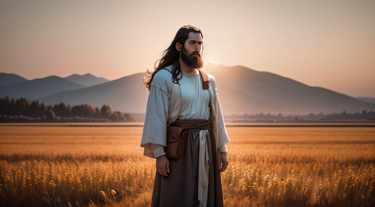 arafed man with a beard and a cross - body outfit standing in a field, a picture inspired by Abraham Begeyn, pexels, hudson river school, dressed like jesus christ, jesus of nazareth, biblical clothing, biblical epic movie, jesus christ, jesus, abraham teerlink, the lord and savior, moses, nicodemus