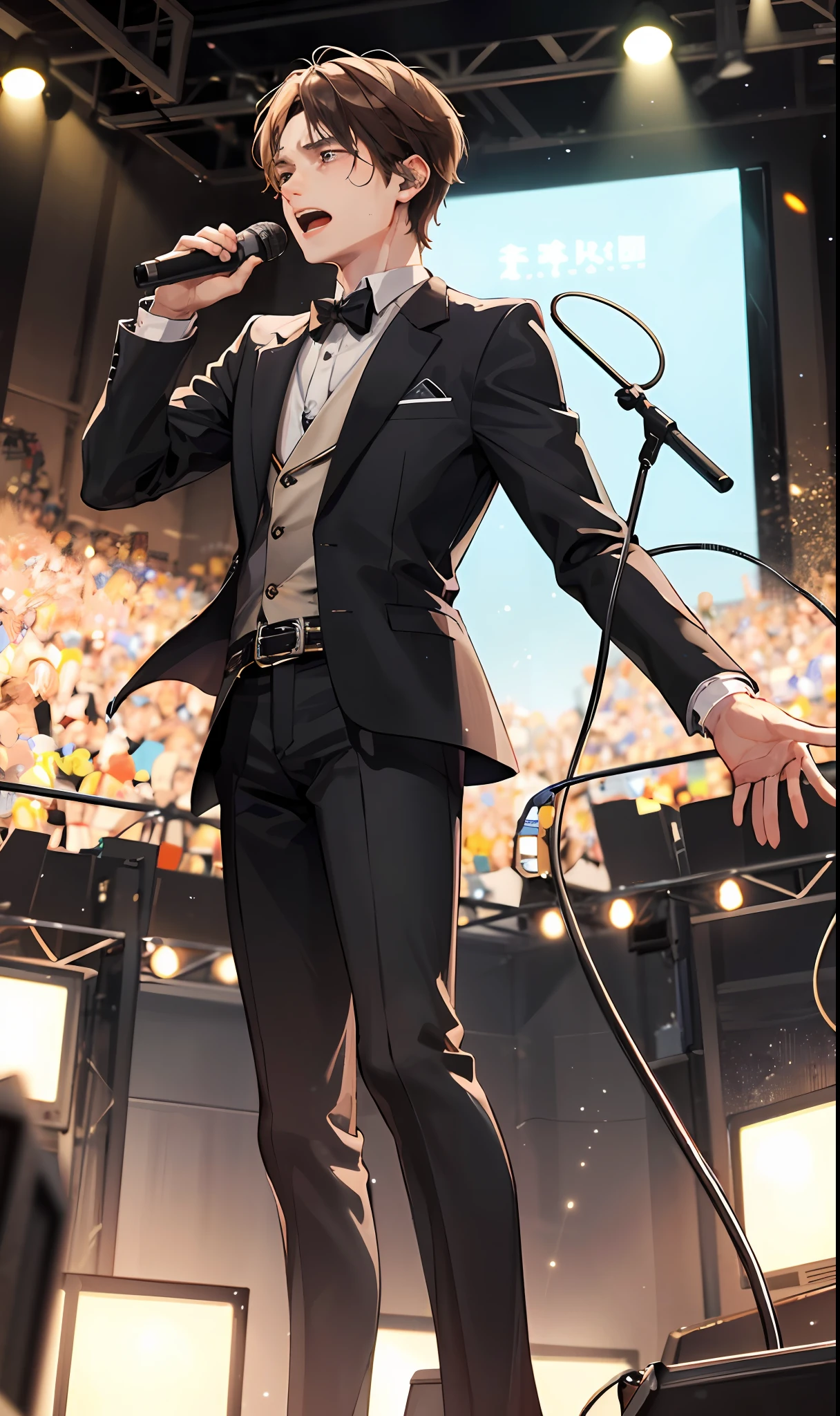 (a man), KTV, sad atmosphere, holding a microphone, inch, in a box, singing and crying audience