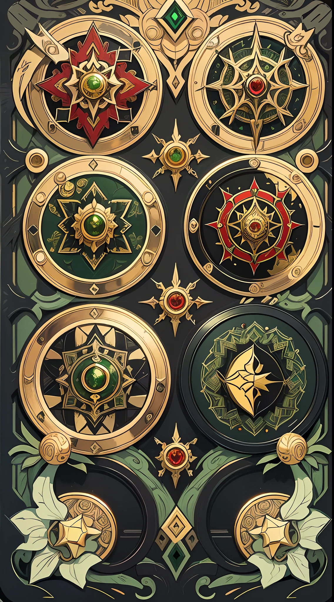 Official art, 8k unit wallpaper, ultra detailed, beautiful and aesthetic, high quality, beautiful, masterpiece, best quality (Zentangle, mandala, tangle: 0.6), symmetrical, mandala with rogue symbols, domains of deception, highlight daggers and blades, creatures in the shadows, piles of gold coins, thievery, thief, mischief, symmetrical. (Complementary color: black, green, red, gold), iconographic RPG