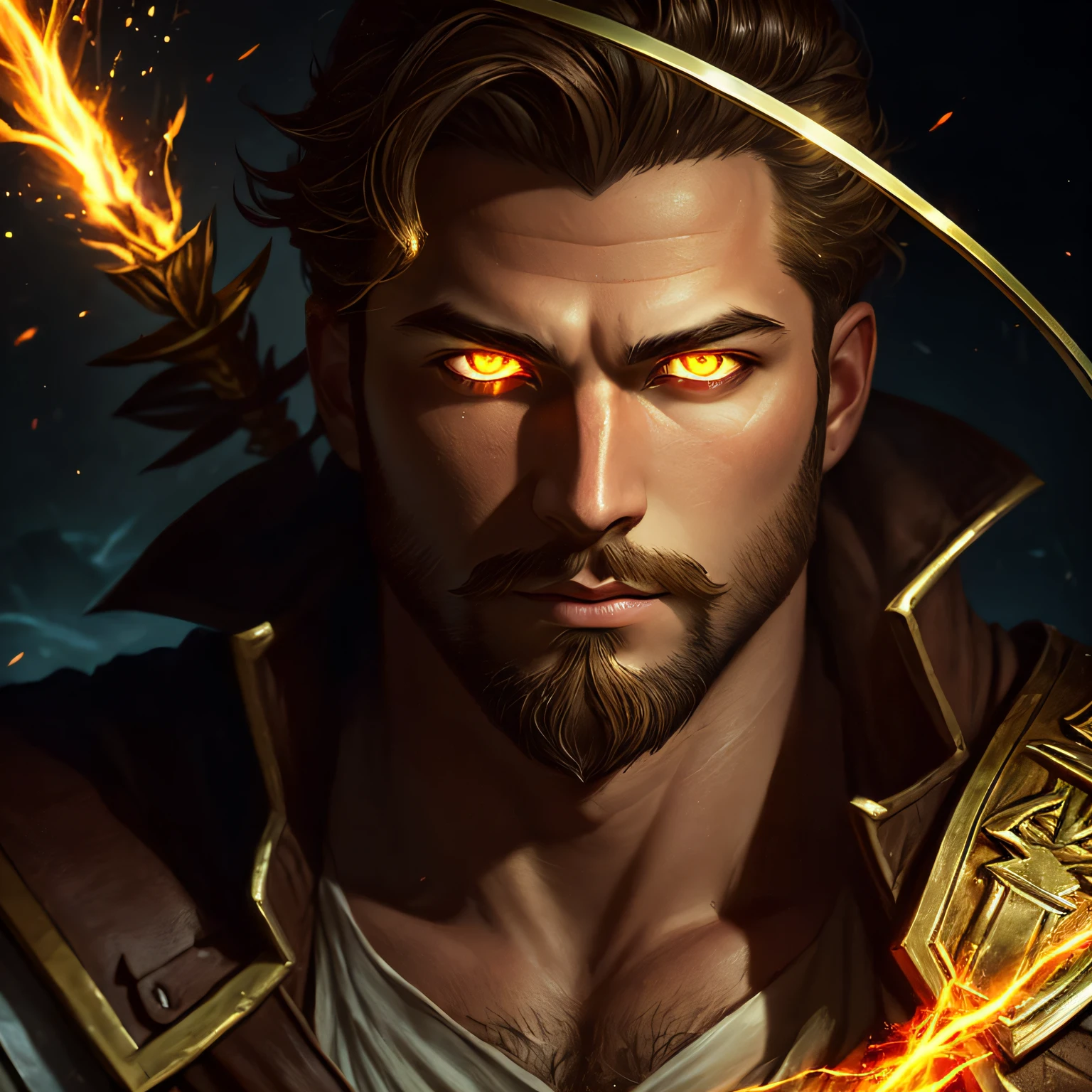 best quality, masterpiece, man with short beard, epic rpg portrait, eros, greek god, god of love, male fantasy portrait, rpg portrait concept art, male ranger, fantasy concept art portrait, epic portrait illustration, detailed character portrait, messy hair, medium length hair, white toga, greek warrior, archer, quiver of arrows, ((glowing golden eyes)), god-like power, glowing aura --auto