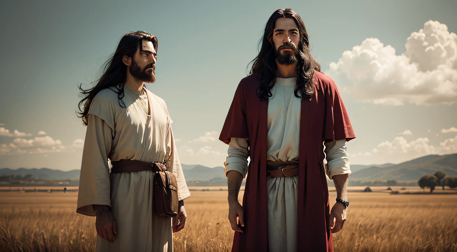 arafed man with a beard and a cross - body outfit standing in a field, a picture inspired by Abraham Begeyn, pexels, hudson river school, dressed like jesus christ, jesus of nazareth, biblical clothing, biblical epic movie, jesus christ, jesus, abraham teerlink, the lord and savior, moses, nicodemus