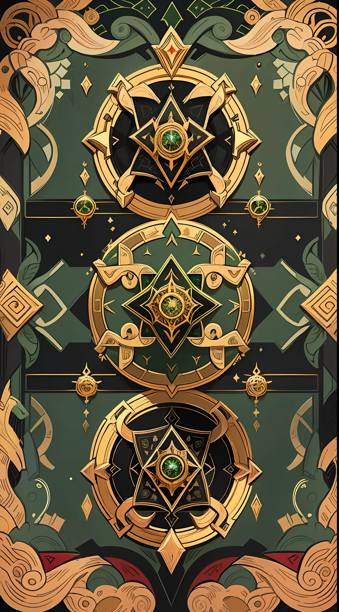 Official art, 8k unit wallpaper, ultra detailed, beautiful and aesthetic, high quality, beautiful, masterpiece, best quality (Zentangle, mandala, tangle: 0.6), symmetrical, mandala with rogue symbols, domains of deception, highlight daggers and blades, creatures in the shadows, piles of gold coins, thievery, thief, mischief, symmetrical. (Complementary color: black, green, red, gold), iconographic RPG