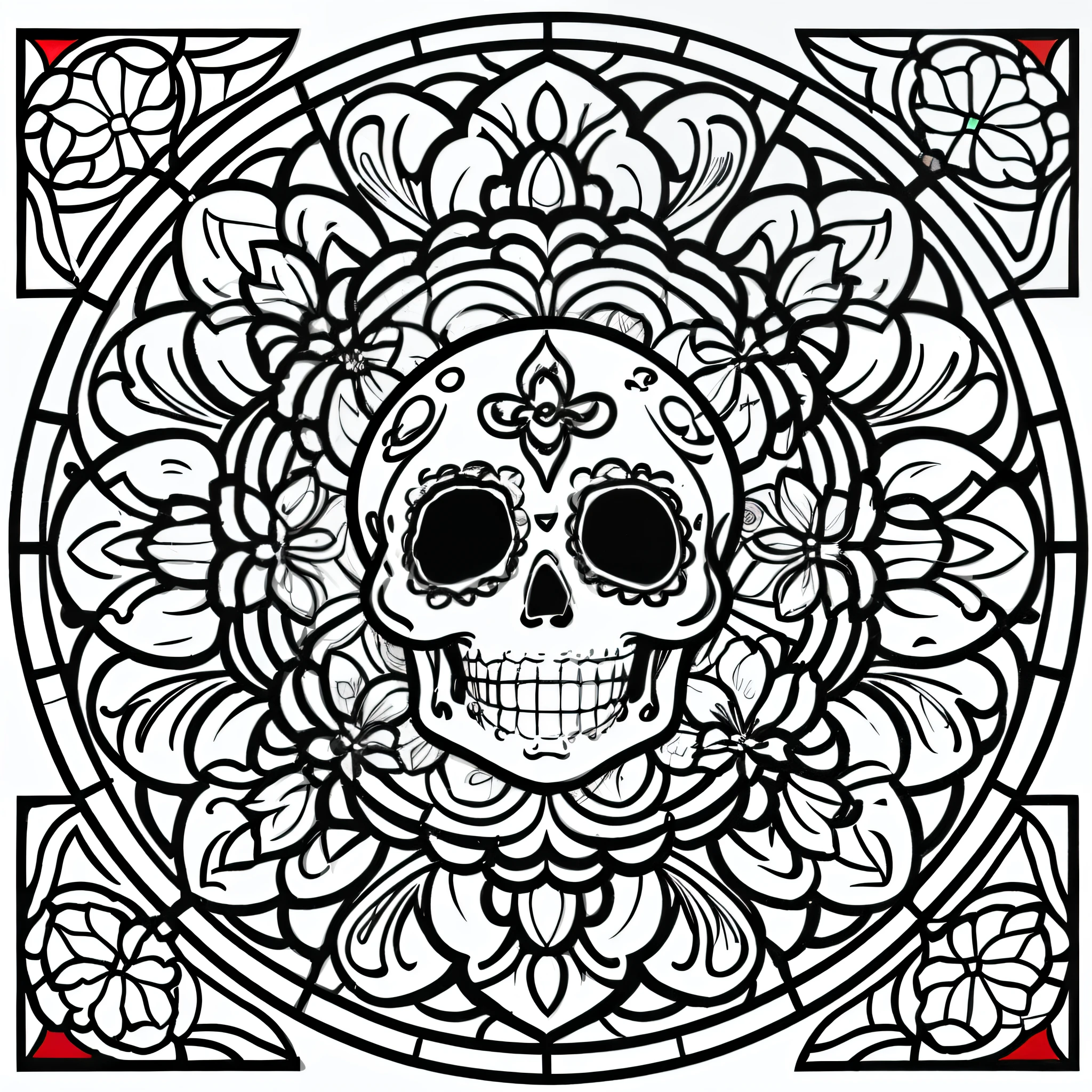 Masterpiece, best quality, (detailed background), high contrast, decorated sugar skull, flower background, thick and clean line drawings, stained glass type, vector