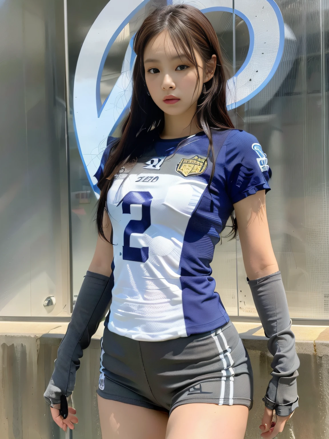 (1girl:1.3), Solo, __body-parts__, Kim Ji-ni Jennie face, wearing trendy brand, football uniform, world-weary face, cold eyes, Korean style photo photo, photography lighting, strong contrast, sunlight on the face, world-weary face, high-class sense, cold eyes, feminine, cement gray background, 8k resolution image, intricate symmetrical details. The whole picture goes forward, mainly a woman standing all over her body, with smooth movements and a complete picture.